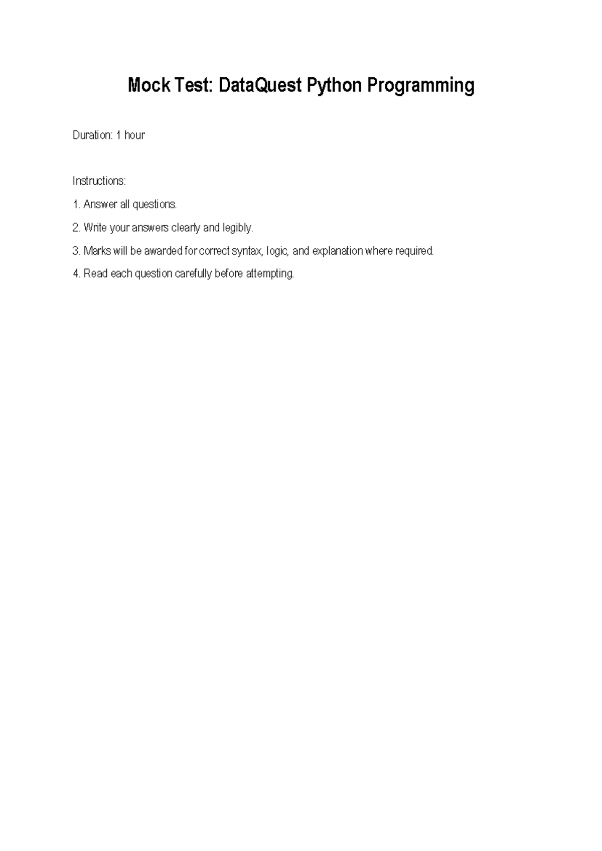 Mock-Test - APG4009F - Mock Test: DataQuest Python Programming Duration ...