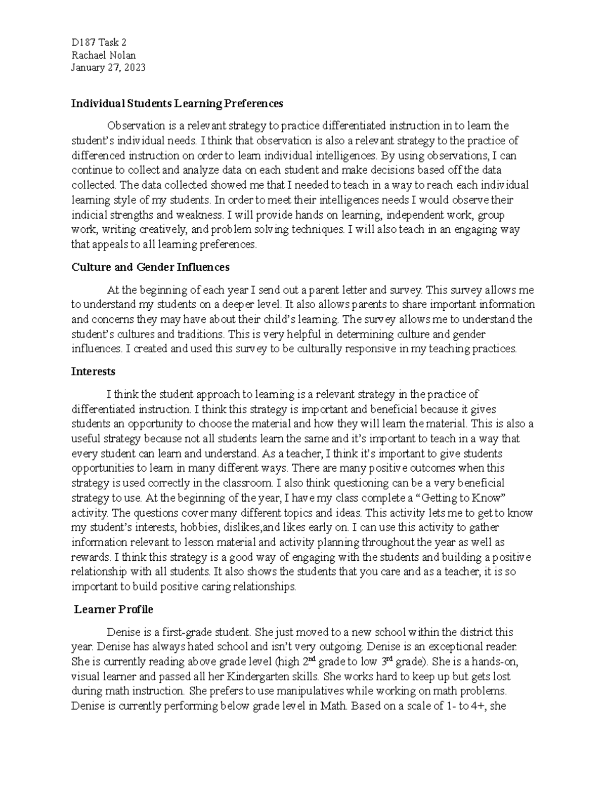 D187 Task 2 PASSED - Rachael Nolan January 27, 2023 Individual Students ...