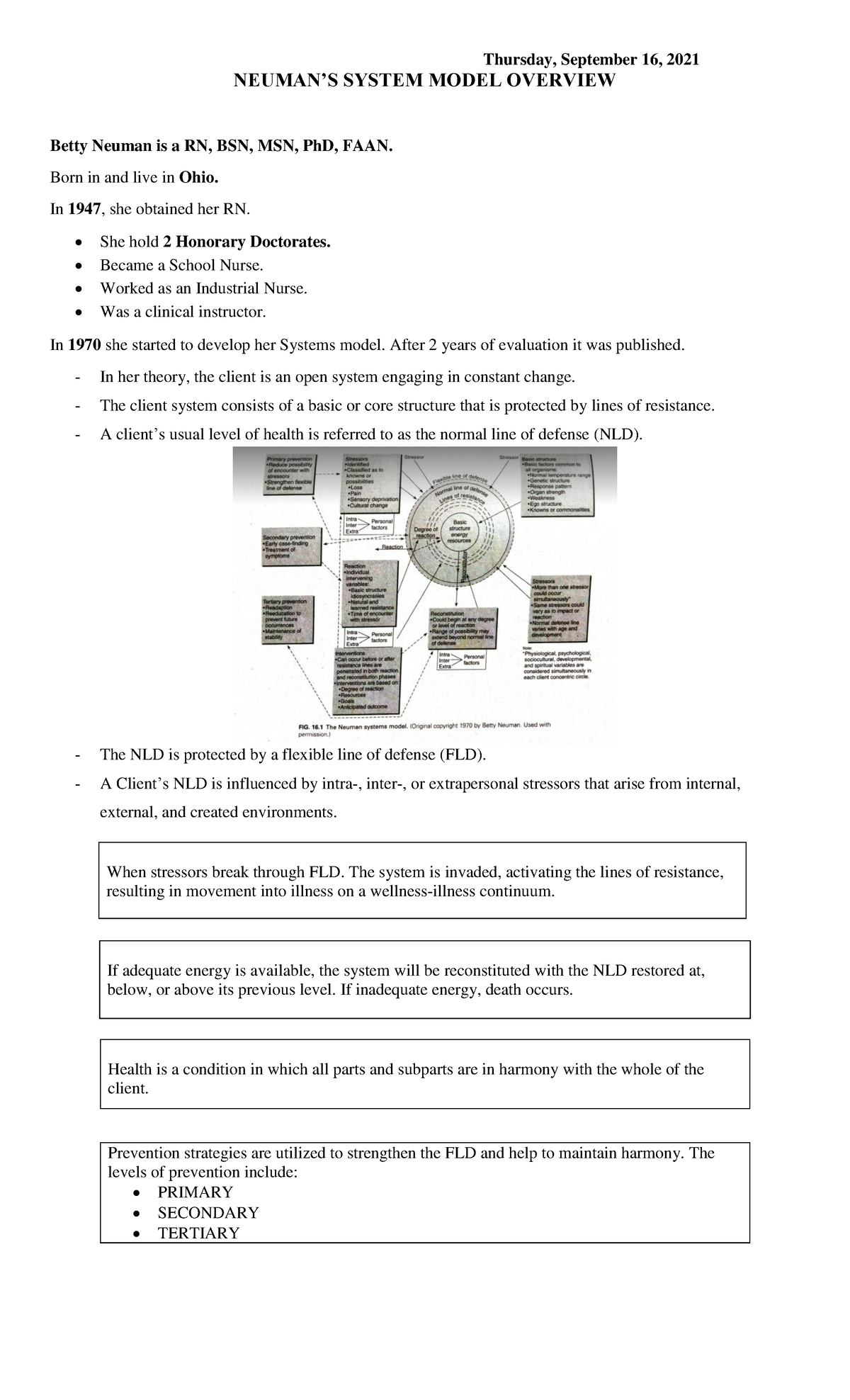 Neuman’S System Model Overview - Thursday, September 16, 2021 NEUMAN’S ...