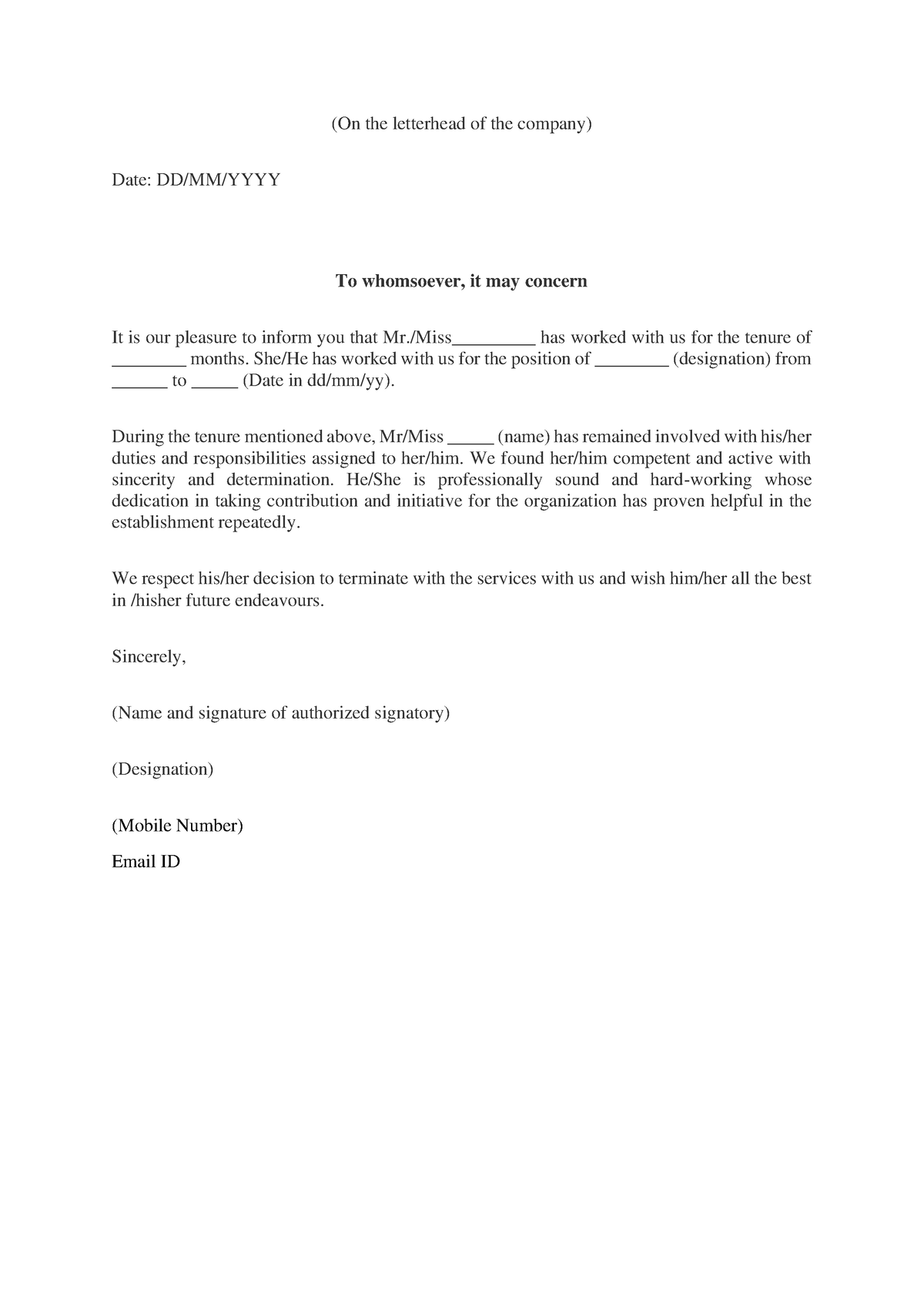 Experince Letter on the letter head of the company - (On the letterhead ...