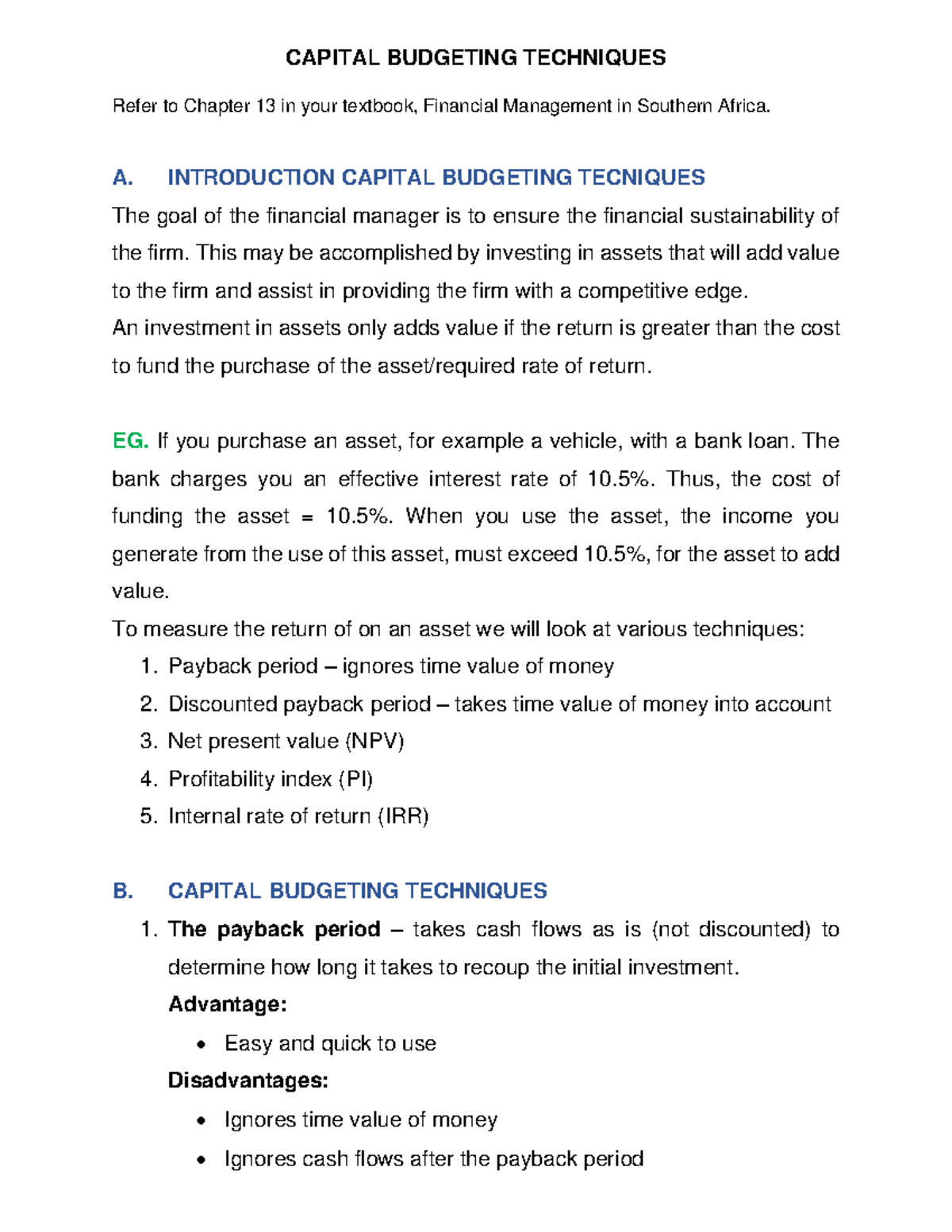 RFMA402 Capital Budgeting Techniques notes - CAPITAL BUDGETING ...