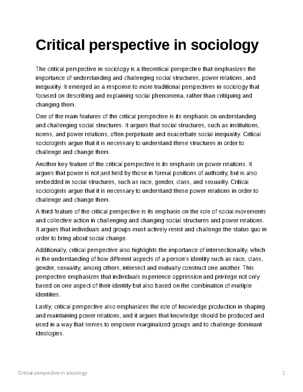 Critical perspective in sociology - It emerged as a response to more ...