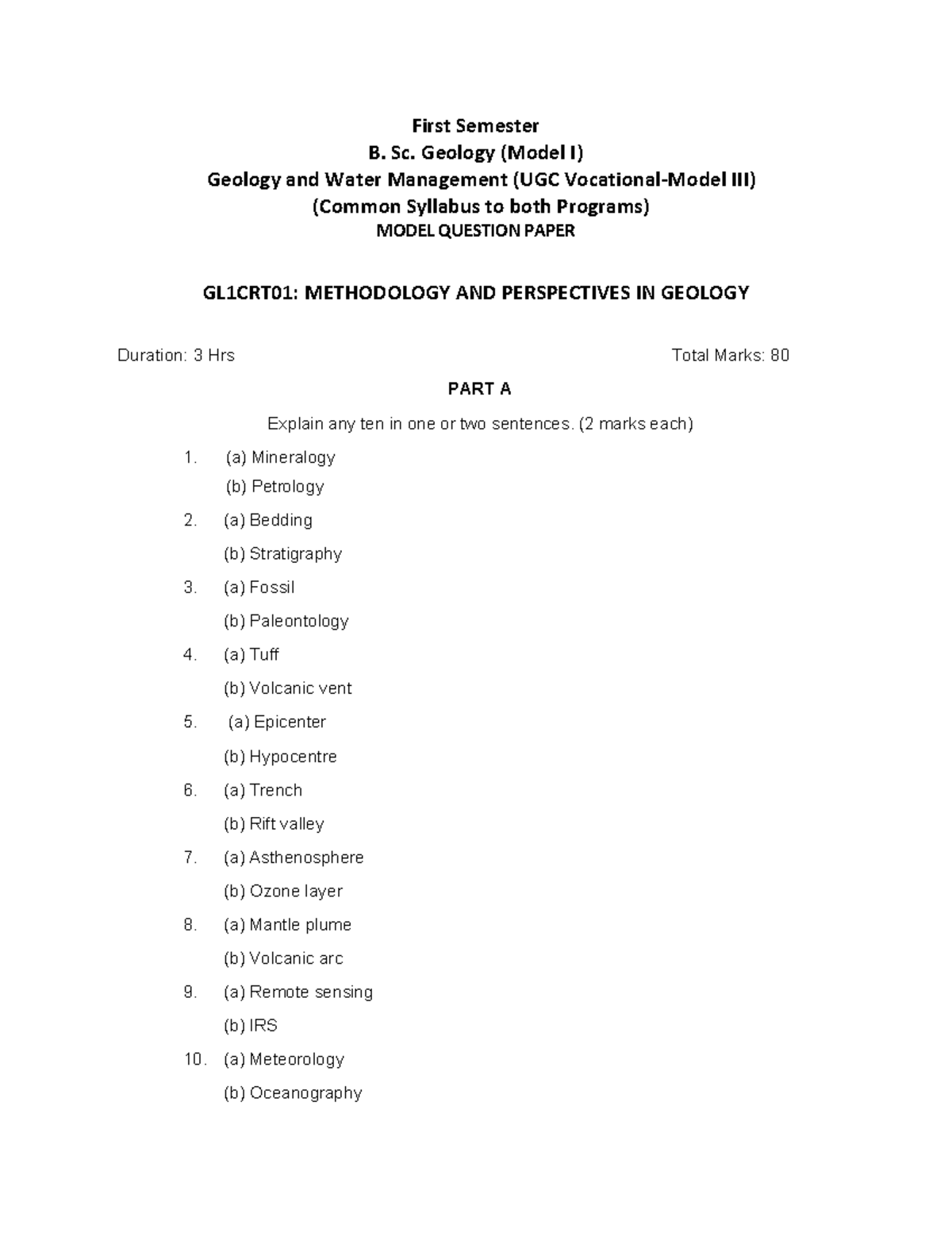 Bsc Geology Question Papers First Semester B Sc Geology Model I