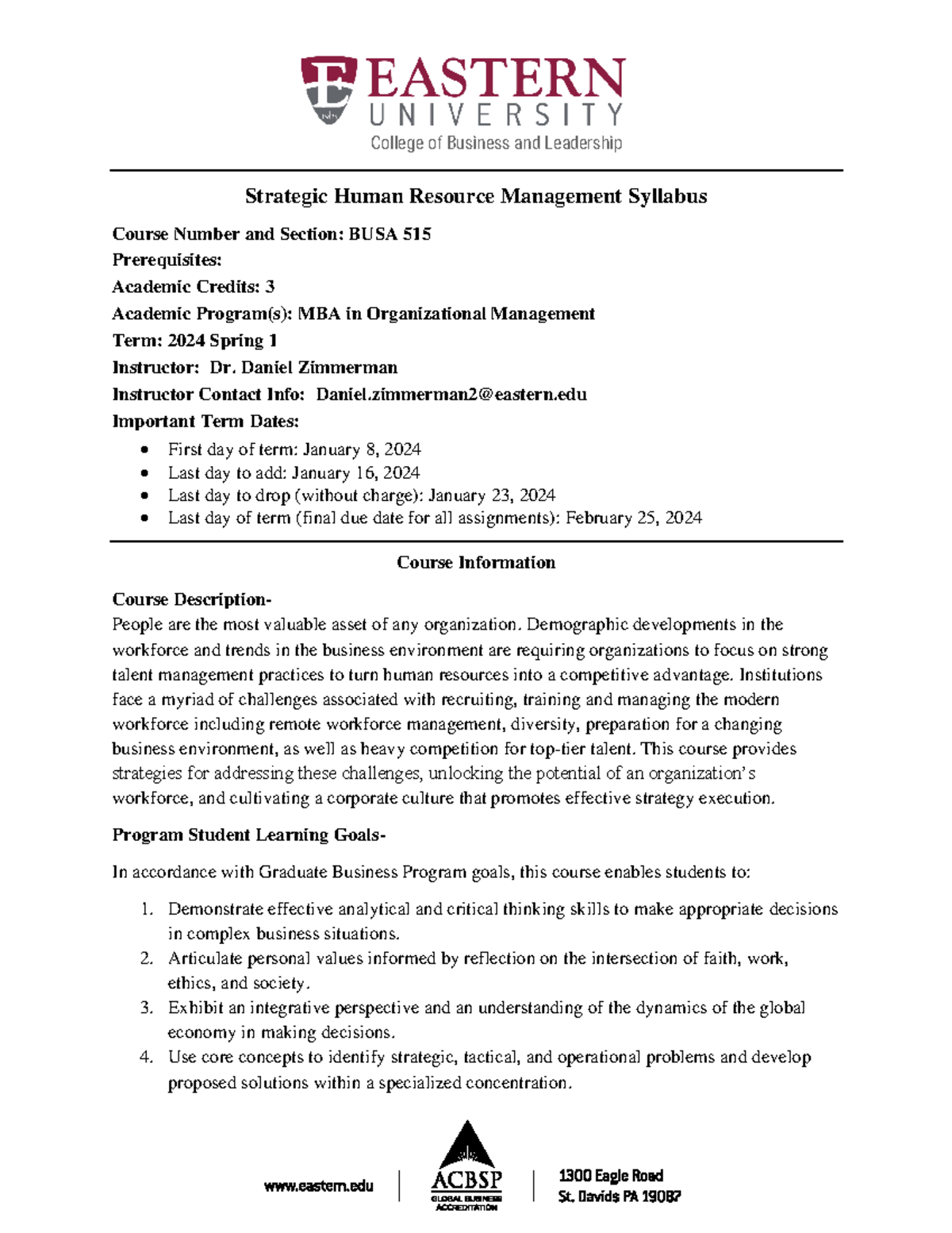 2024SP1 BUSA 515 Syllabus Strategic Human Resource Management