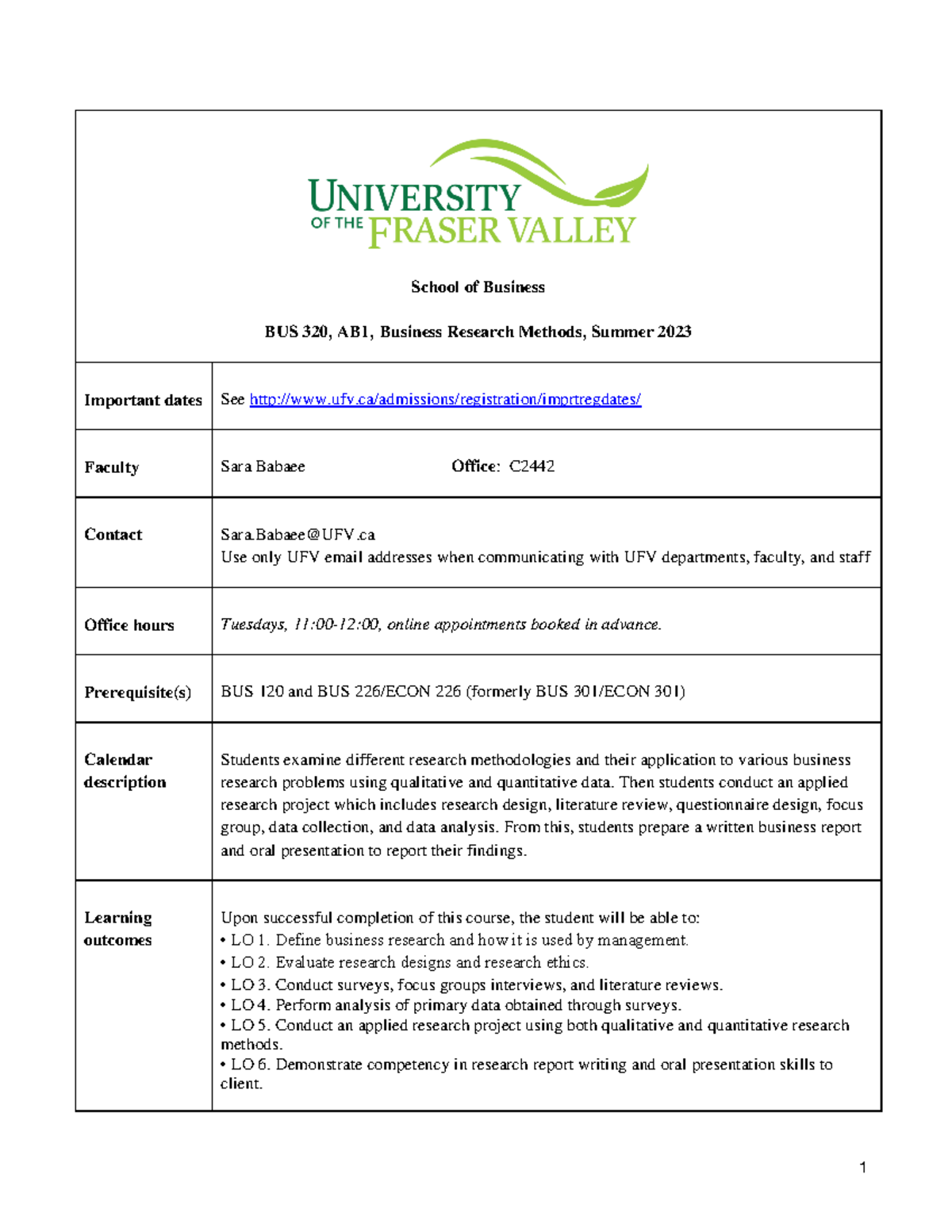 BUS 320 - OUTLINE - School of Business BUS 320, AB1, Business Research ...