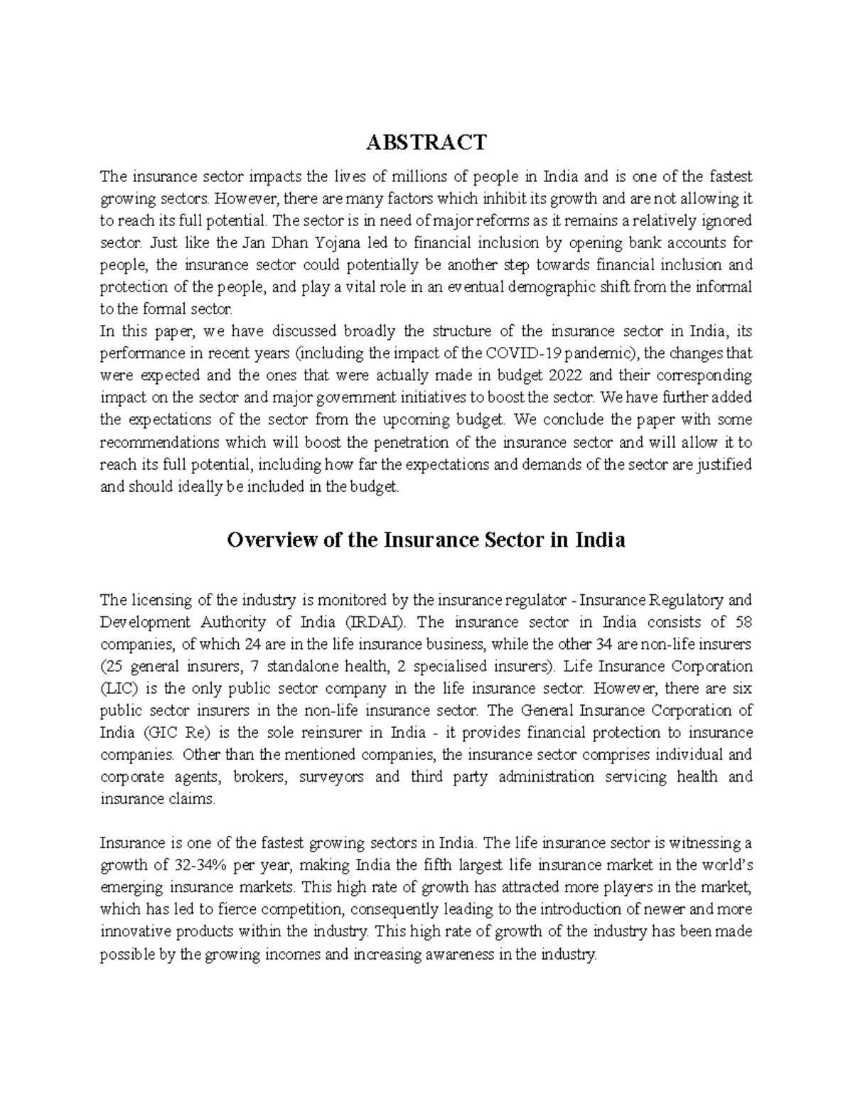 2022-23 Budget and Insurance Sector - ABSTRACT The insurance sector ...
