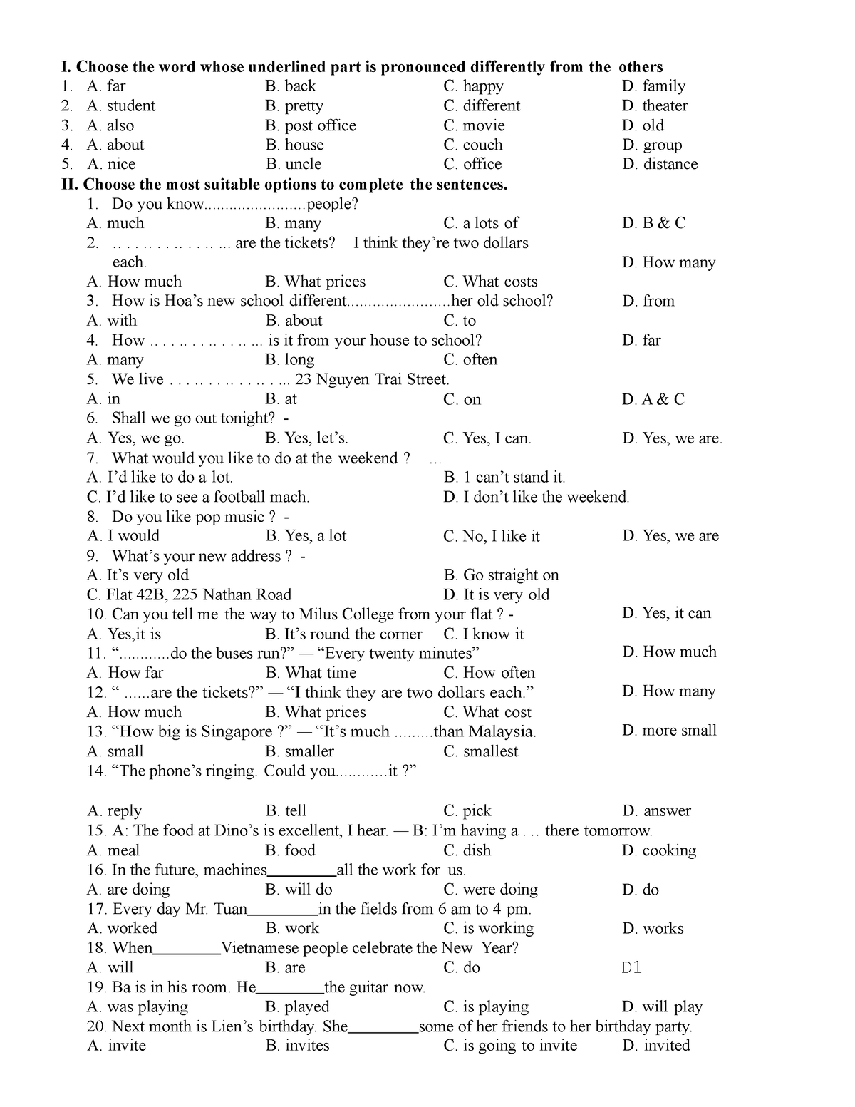 đề 37 - Bài Tập - I. Choose The Word Whose Underlined Part Is 