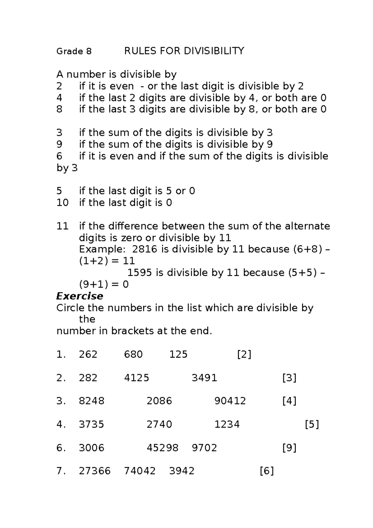 Gr8note Rulesfordivisibility - Grade 8 Rules For Divisibility A Number 