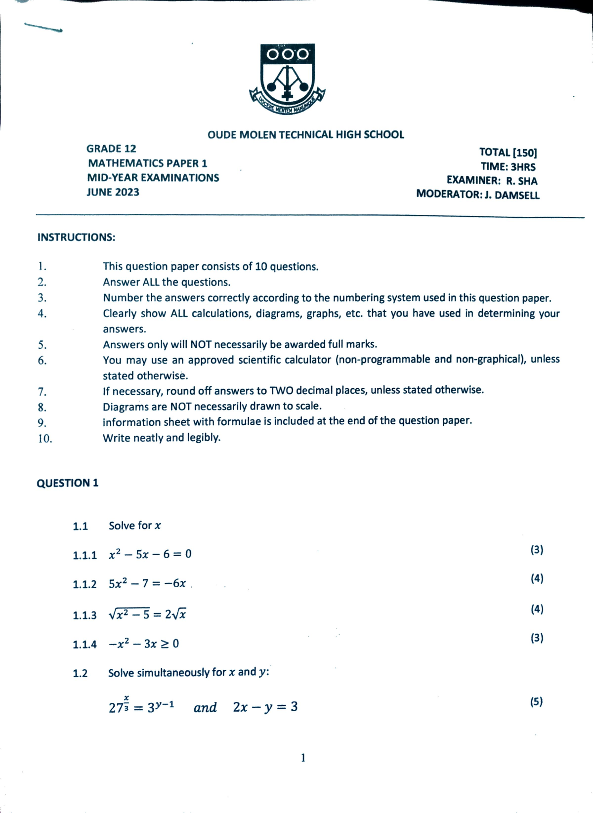 mathematics grade 12 assignment term 1 memorandum 2023