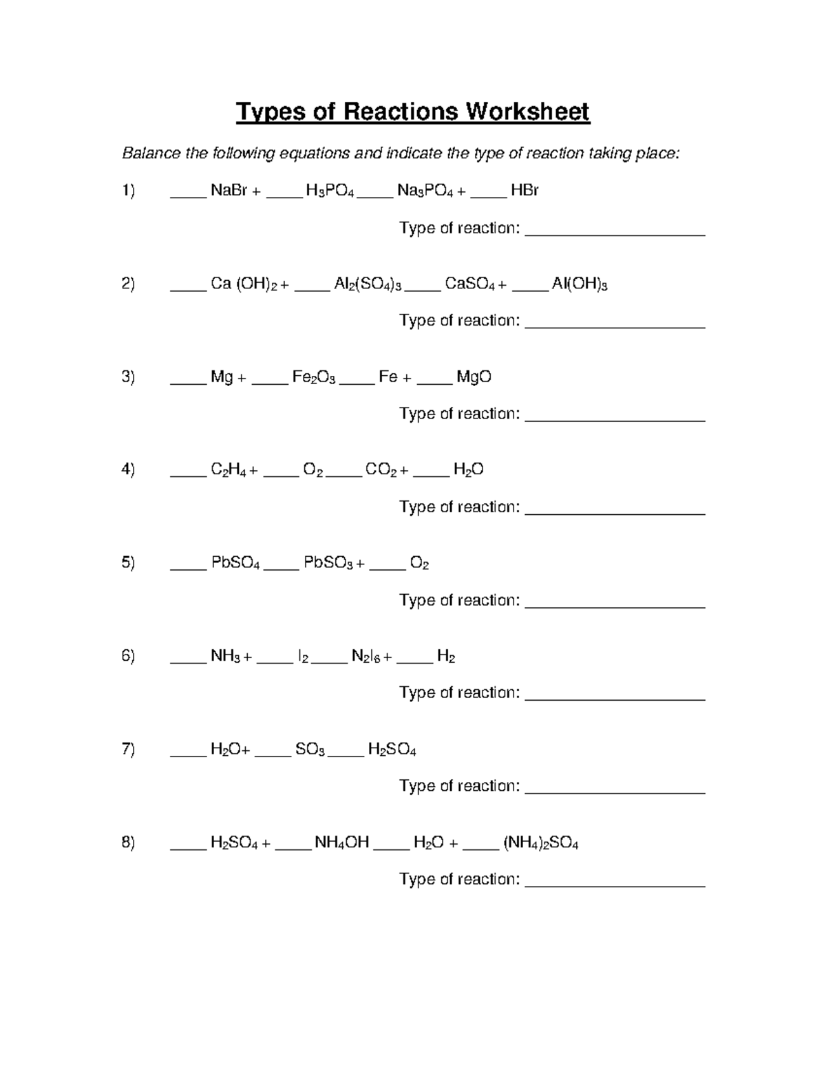 Types of Reactions Balancing and Key - Types of Reactions Worksheet ...