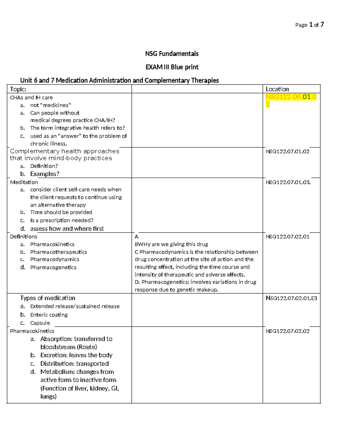 NSG122 Student Exam III Blue Print - NSG Fundamentals EXAM III Blue ...