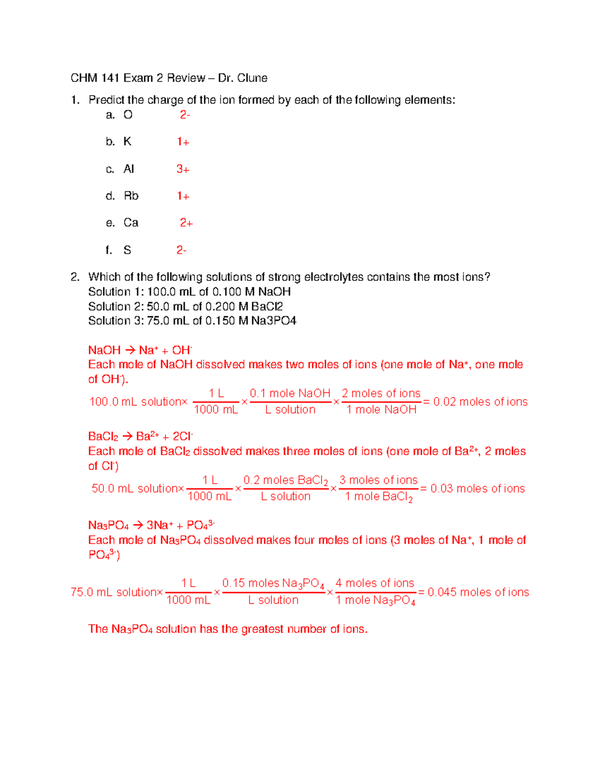 CHM 141 Exam 2 Review - Key - CHM 141 Exam 2 Review – Dr. Clune Predict ...