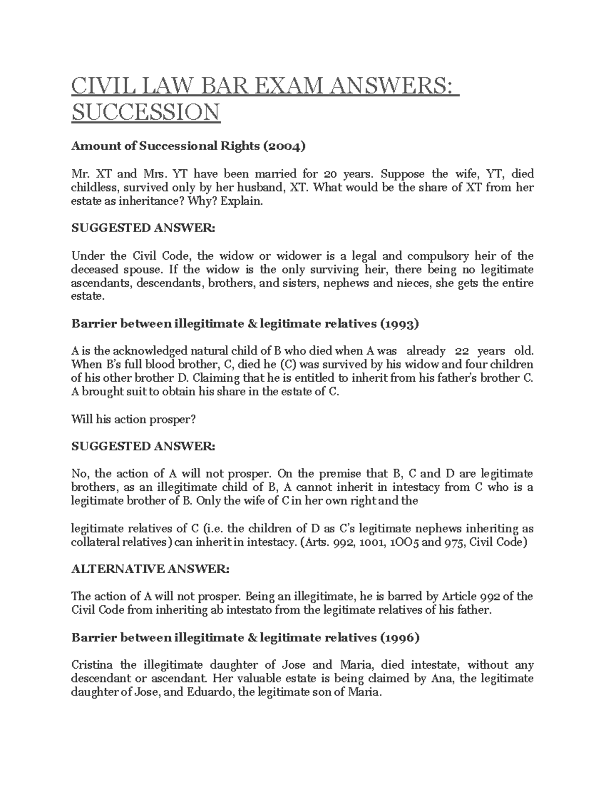 Succession bar q and a reviewer CIVIL LAW BAR EXAM ANSWERS