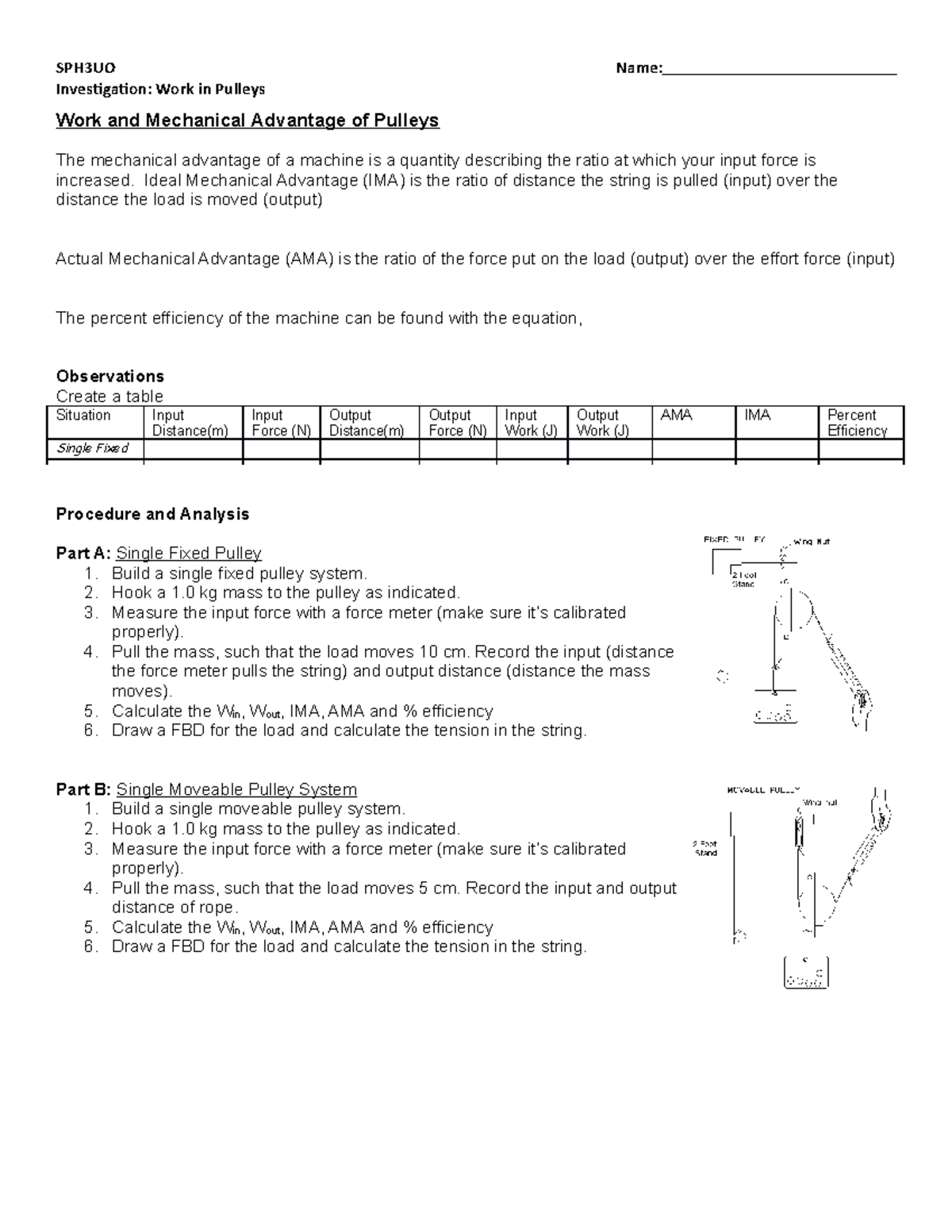 6.01 Pulley Investigation SPH3UO Name Investigation Work in Pulleys