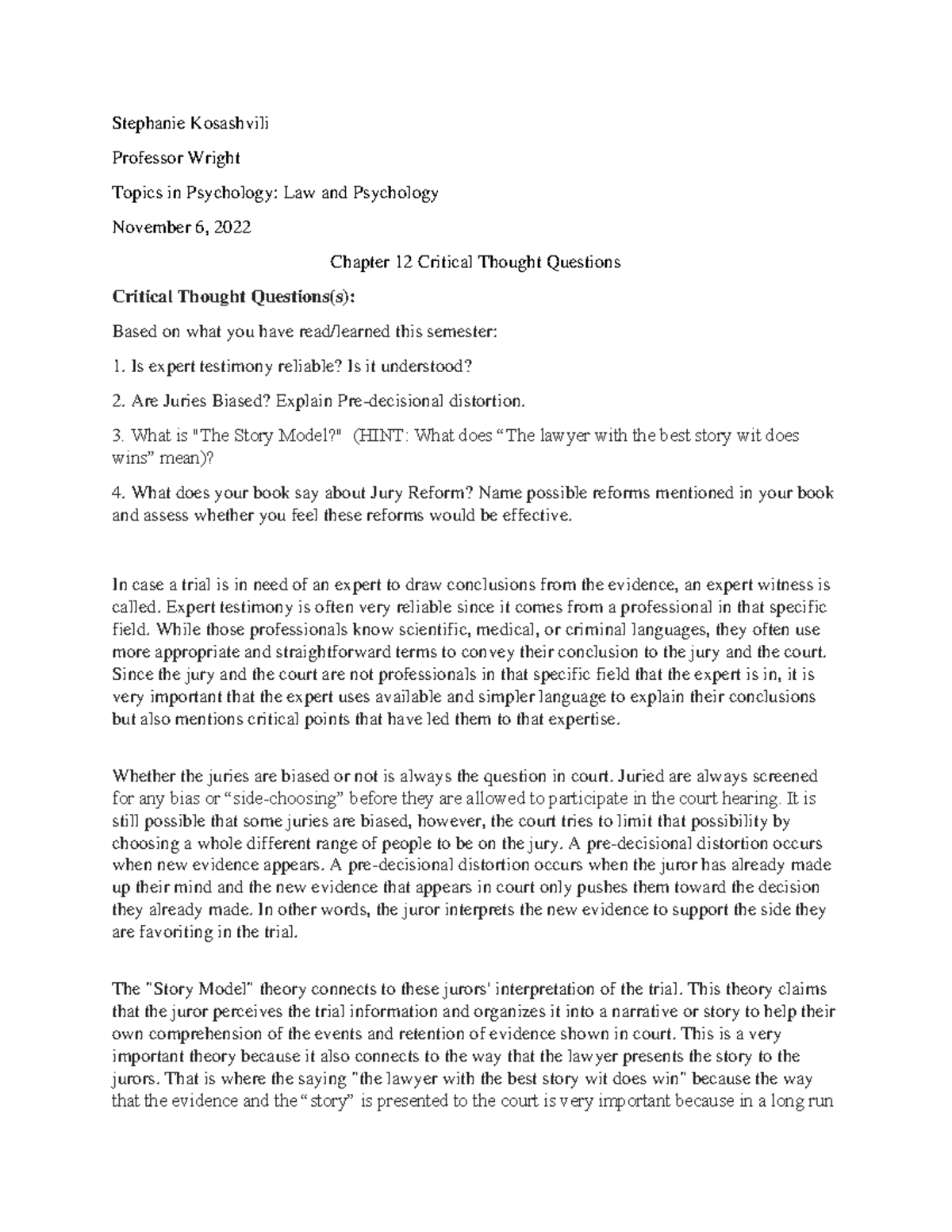 Chapter 12 Critical Questions Stephanie Kosashvili Professor Wright