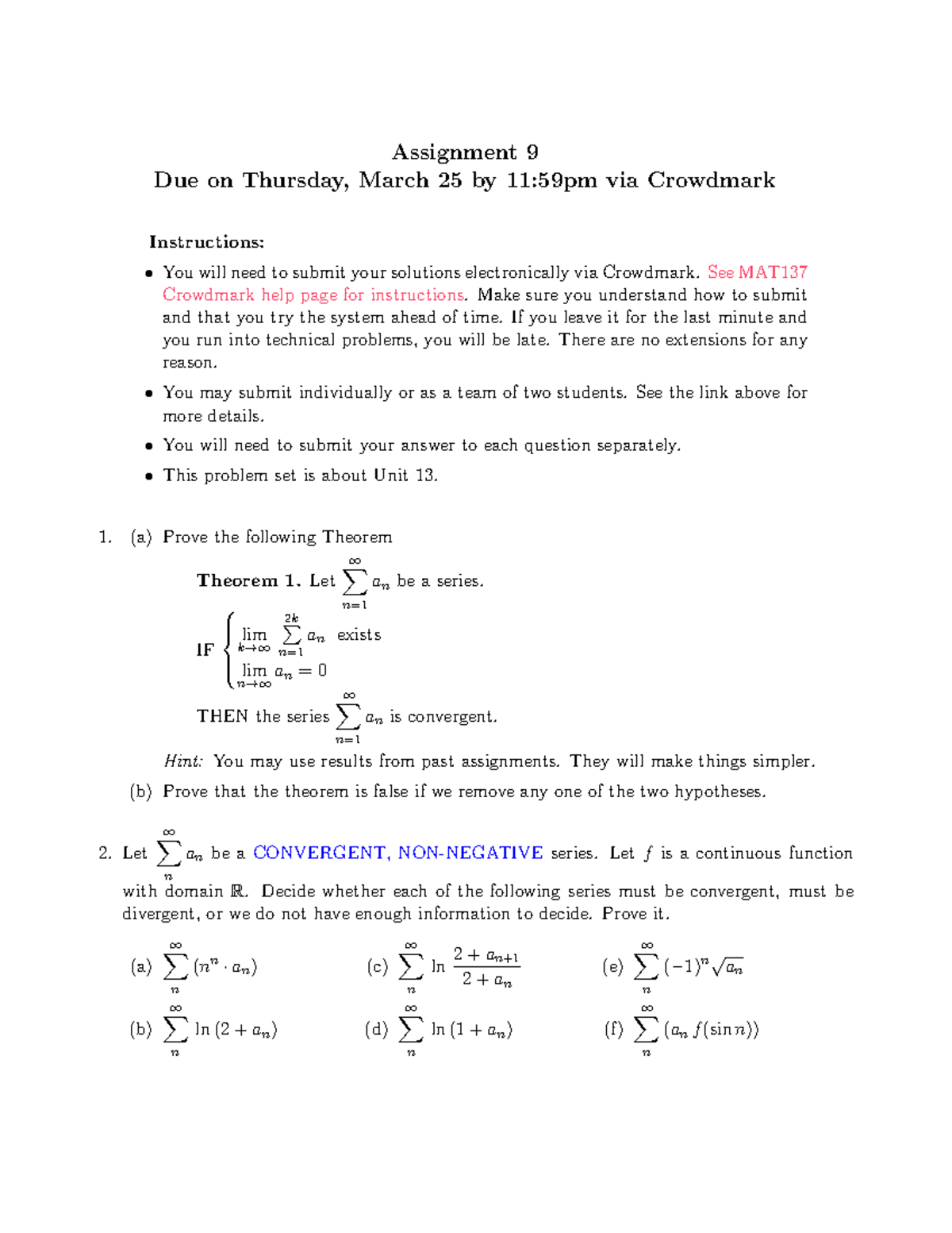 MATH 31 Assignment 9 - MAT 137Y: Calculus With Proofs Assignment 9 Due ...