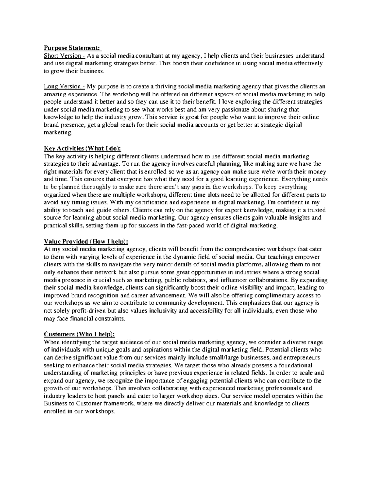 Assignment 2- ENT Class - Purpose Statement: Short Version - As a ...