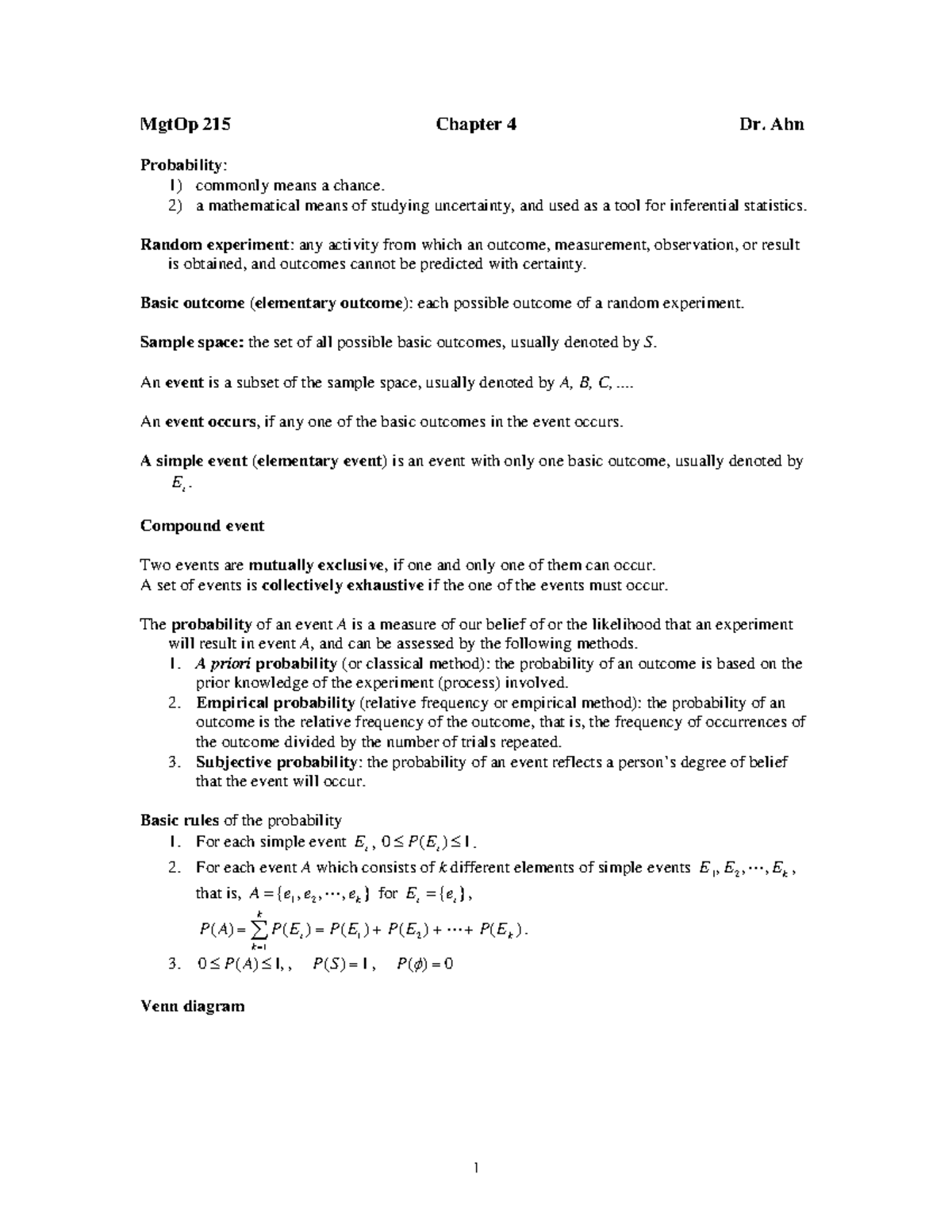 Chapter 4 - Lecture Notes 4 - 1 MgtOp 215 Chapter 4 Dr. Ahn Probability ...