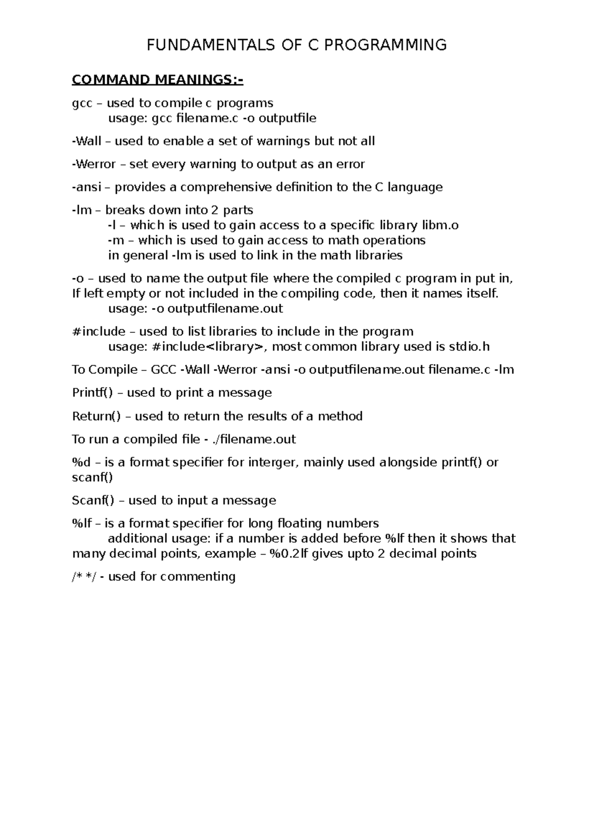 Command Meanings - FUNDAMENTALS OF C PROGRAMMING COMMAND MEANINGS:- gcc ...