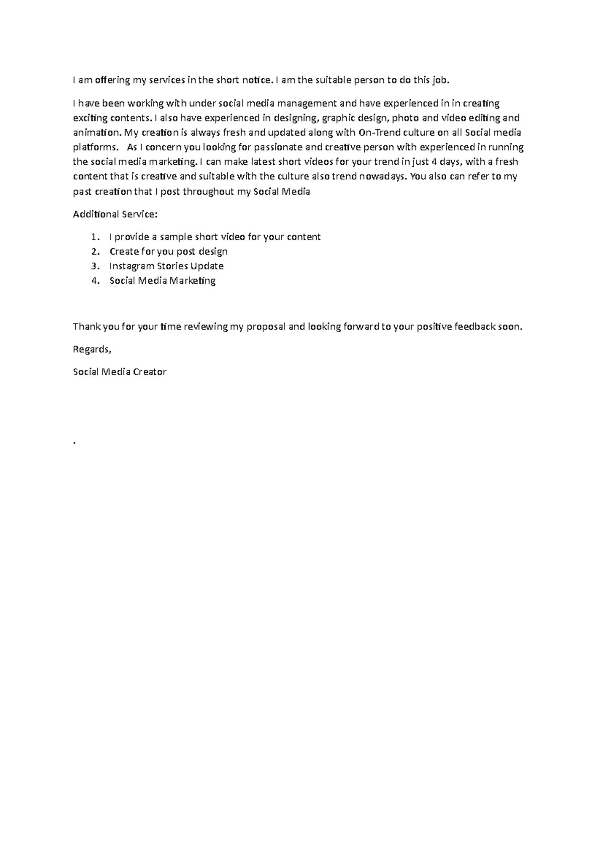 Section B Question 1 - TUTORIAL - I am offering my services in the ...