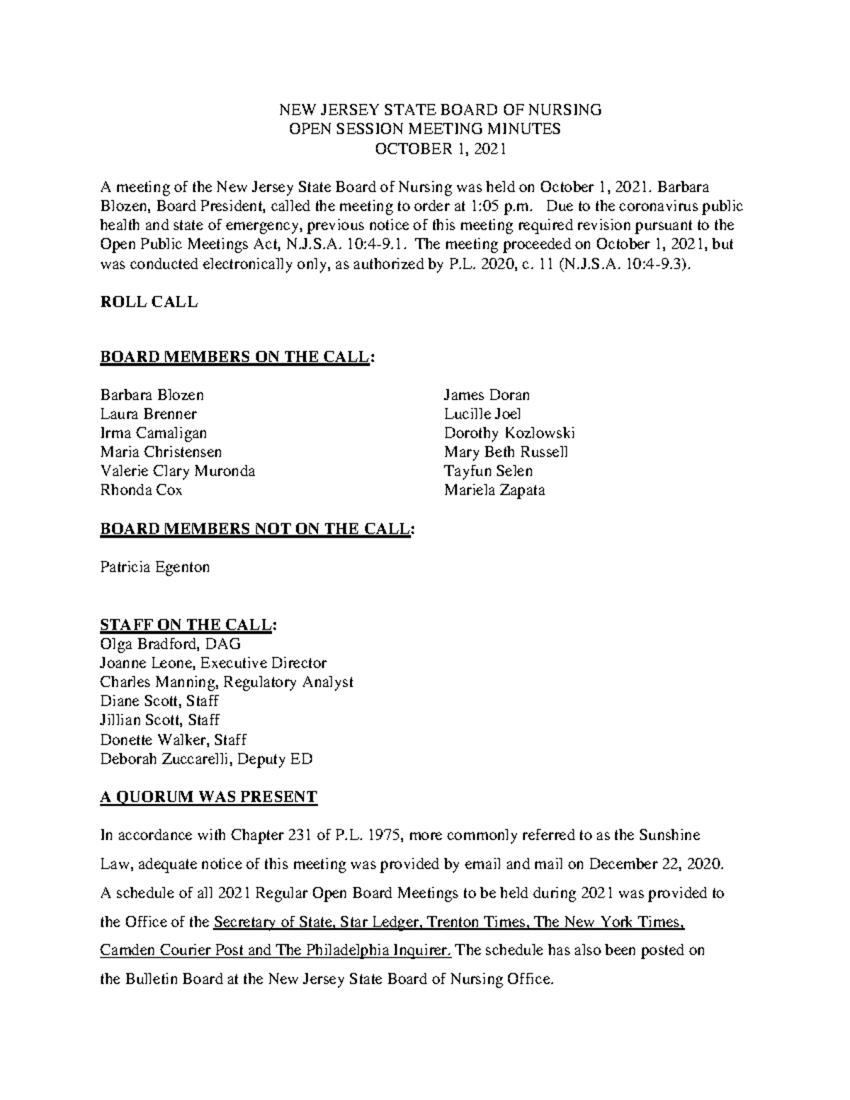 Nursingminutes100121 NEW JERSEY STATE BOARD OF NURSING OPEN SESSION