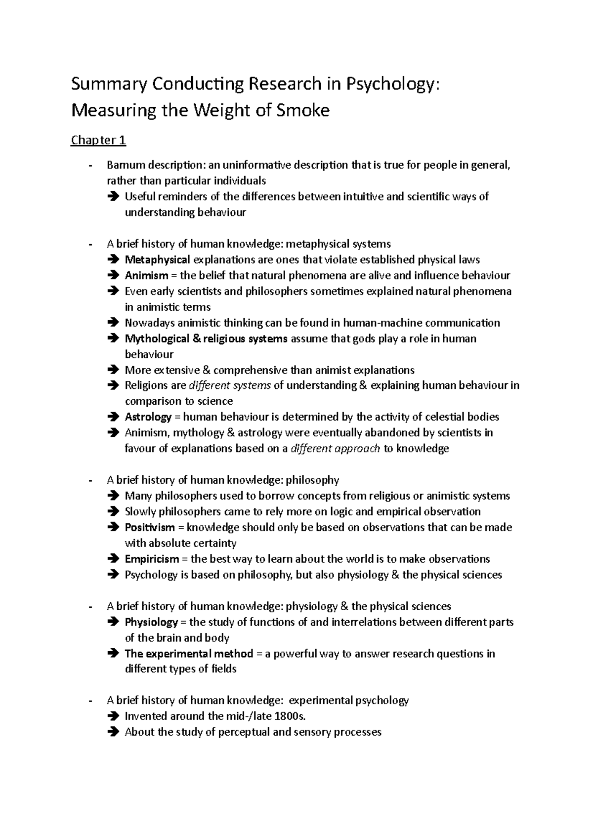Summary book CH 110 Summary Conducting Research in Psychology