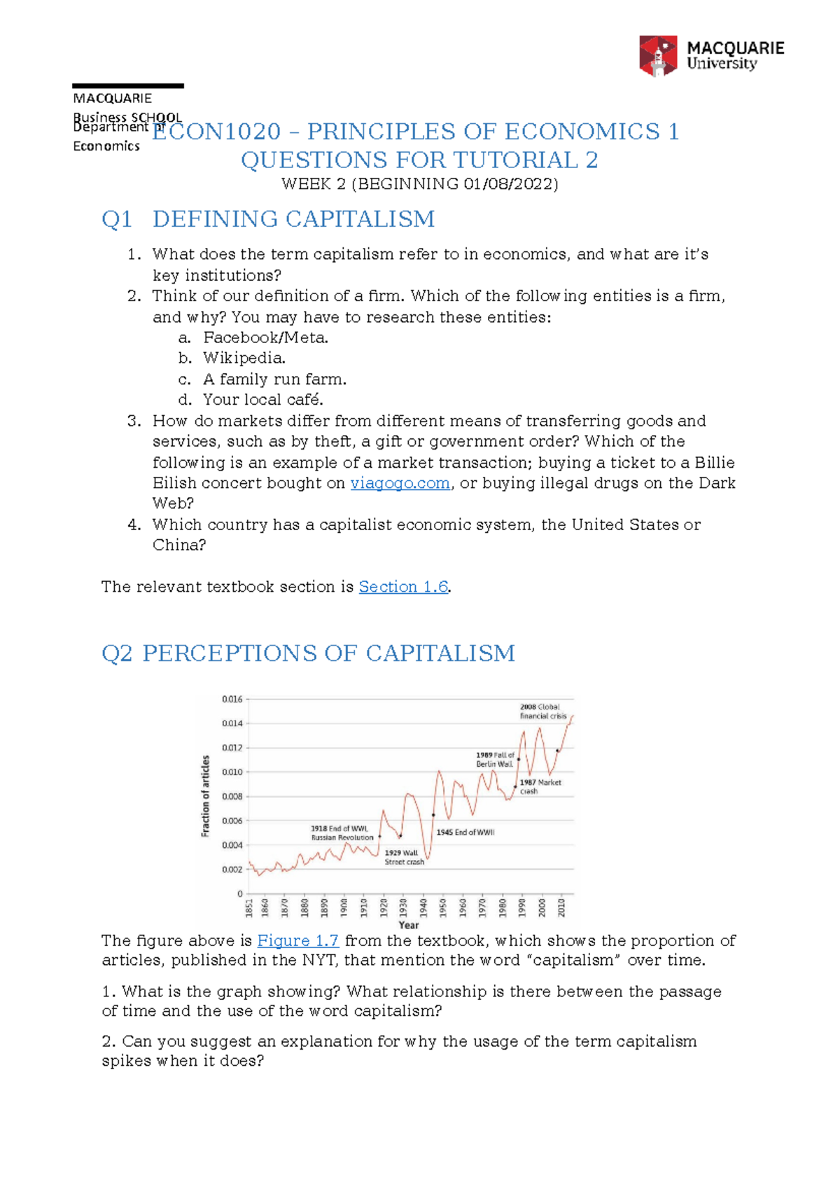 ECON1020 S2 2022 Week 2 Tutorial - Questions - MACQUARIE Business ...