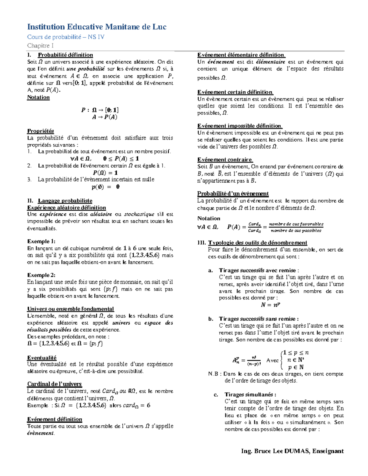 Probabilité définition - Institution Educative Manitane de Luc Cours de ...