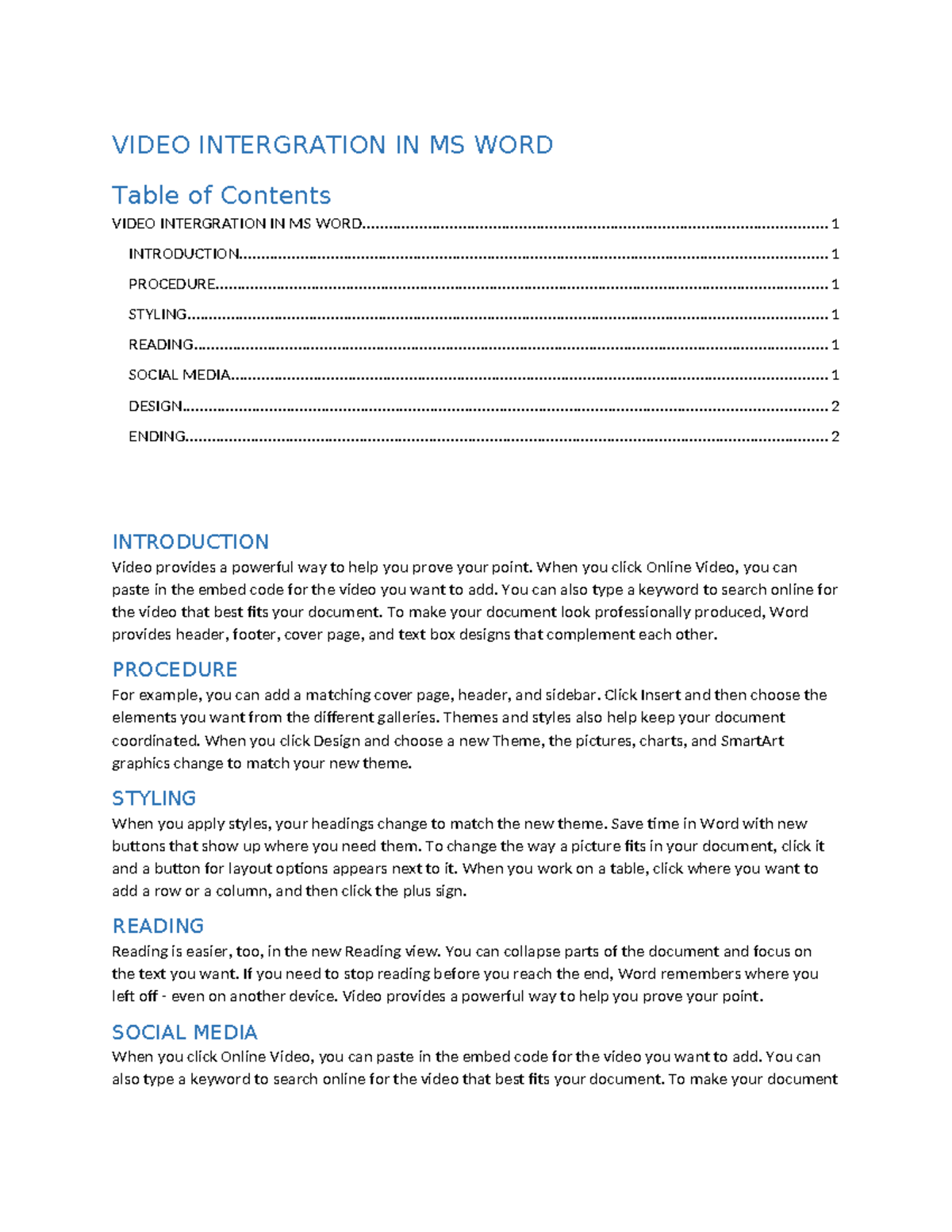 Video Intergration IN MS WORD - VIDEO INTERGRATION IN MS WORD Table of ...