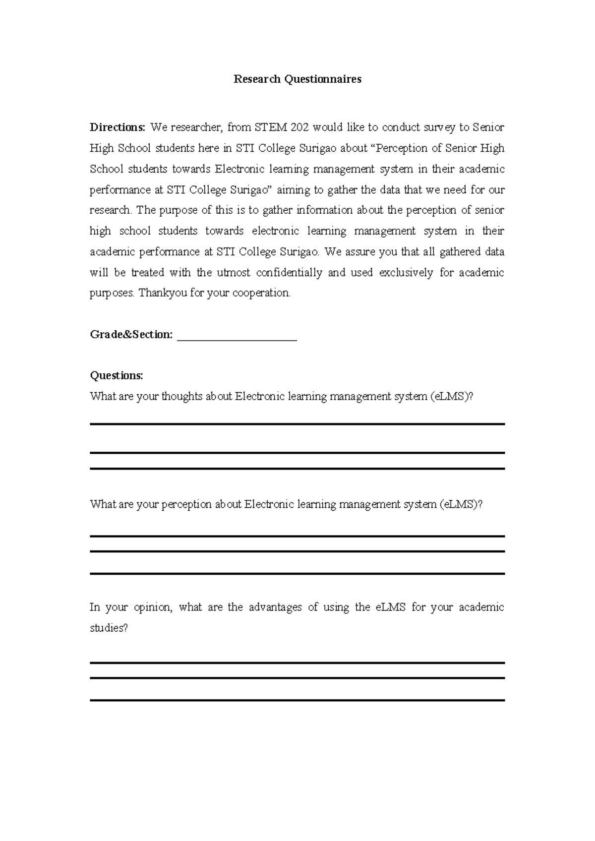 Research Questionnaires - Research Questionnaires Directions: We ...