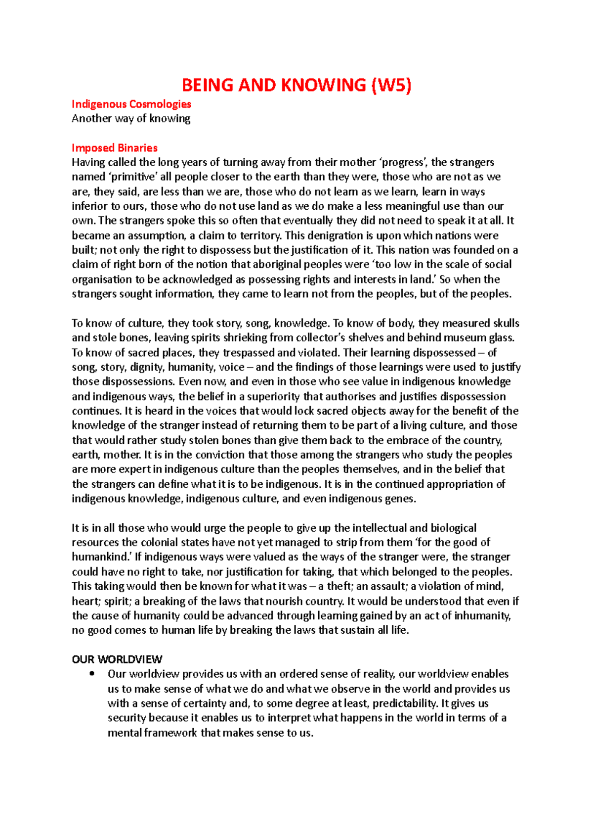 Being AND Knowing W5 - SOC235 Week 5 lecture notes - BEING AND KNOWING ...