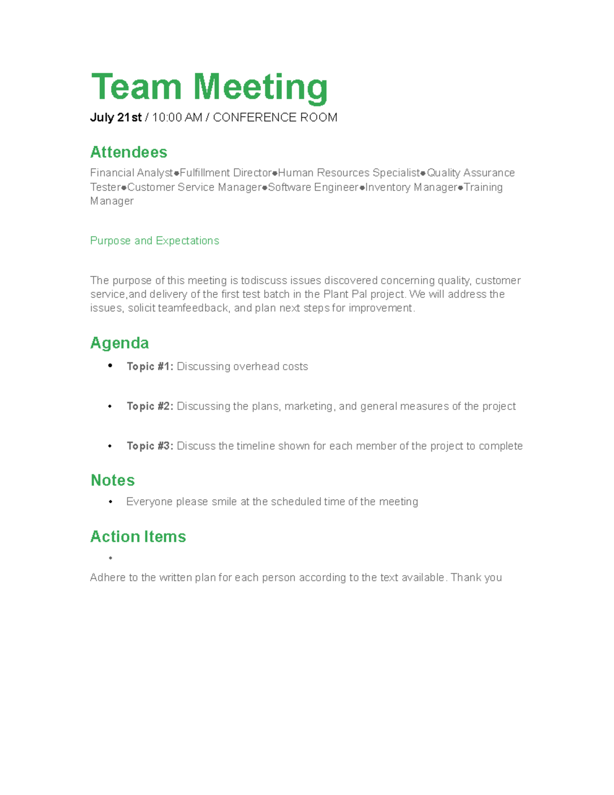 Activity Template Meeting agenda - Team Meeting July 21st / 10:00 AM ...