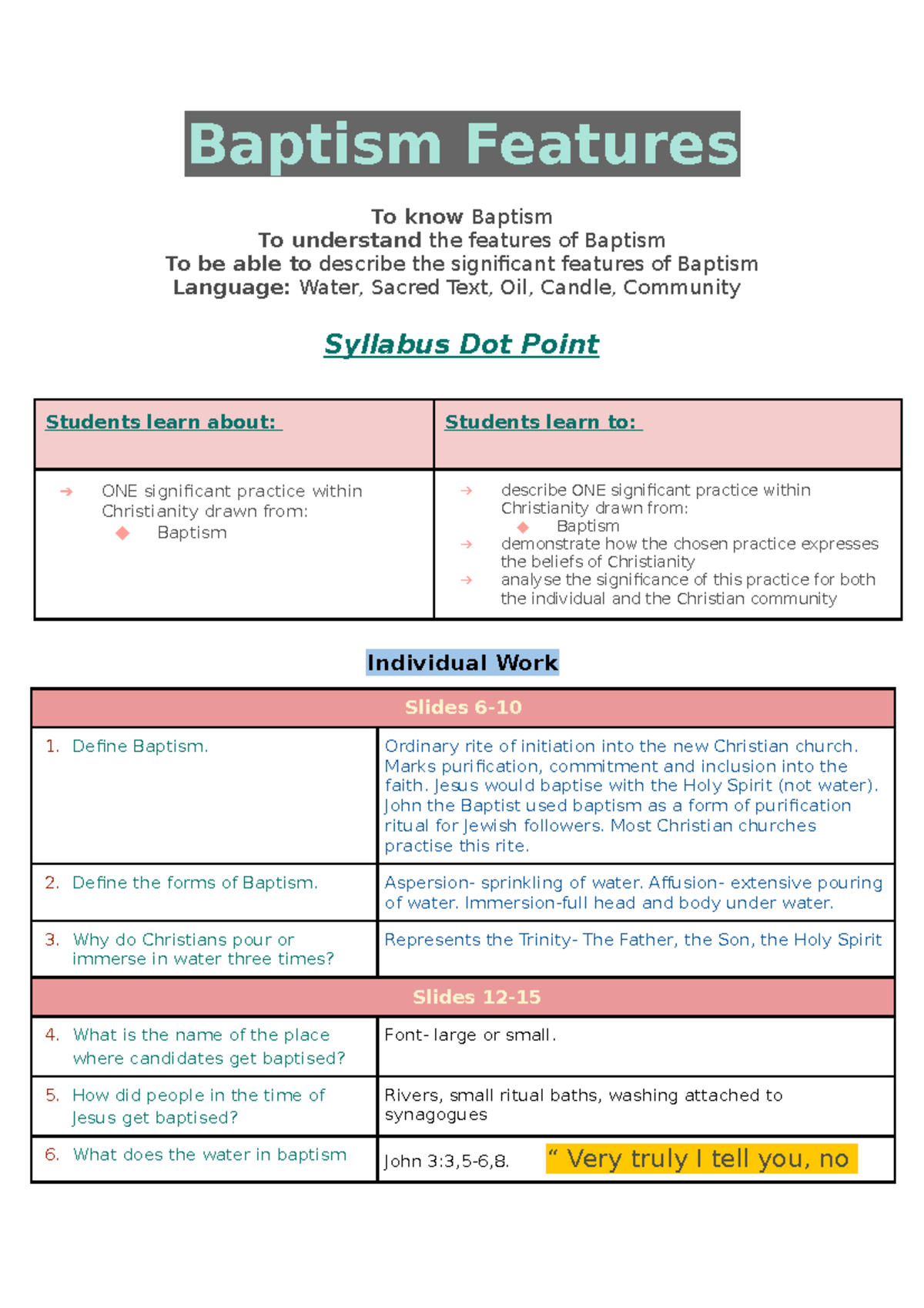 Answers Lesson 4 Baptism (Part A) Features Comprehension worksheet