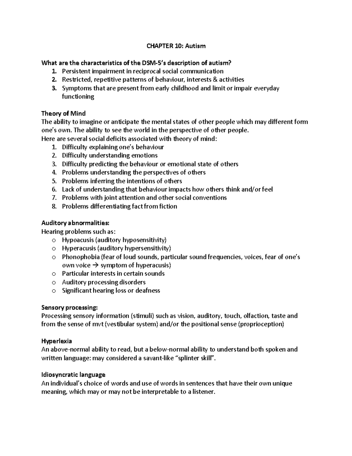 UNIT 1 (notes) - ..... - CHAPTER 10: Autism What are the ...