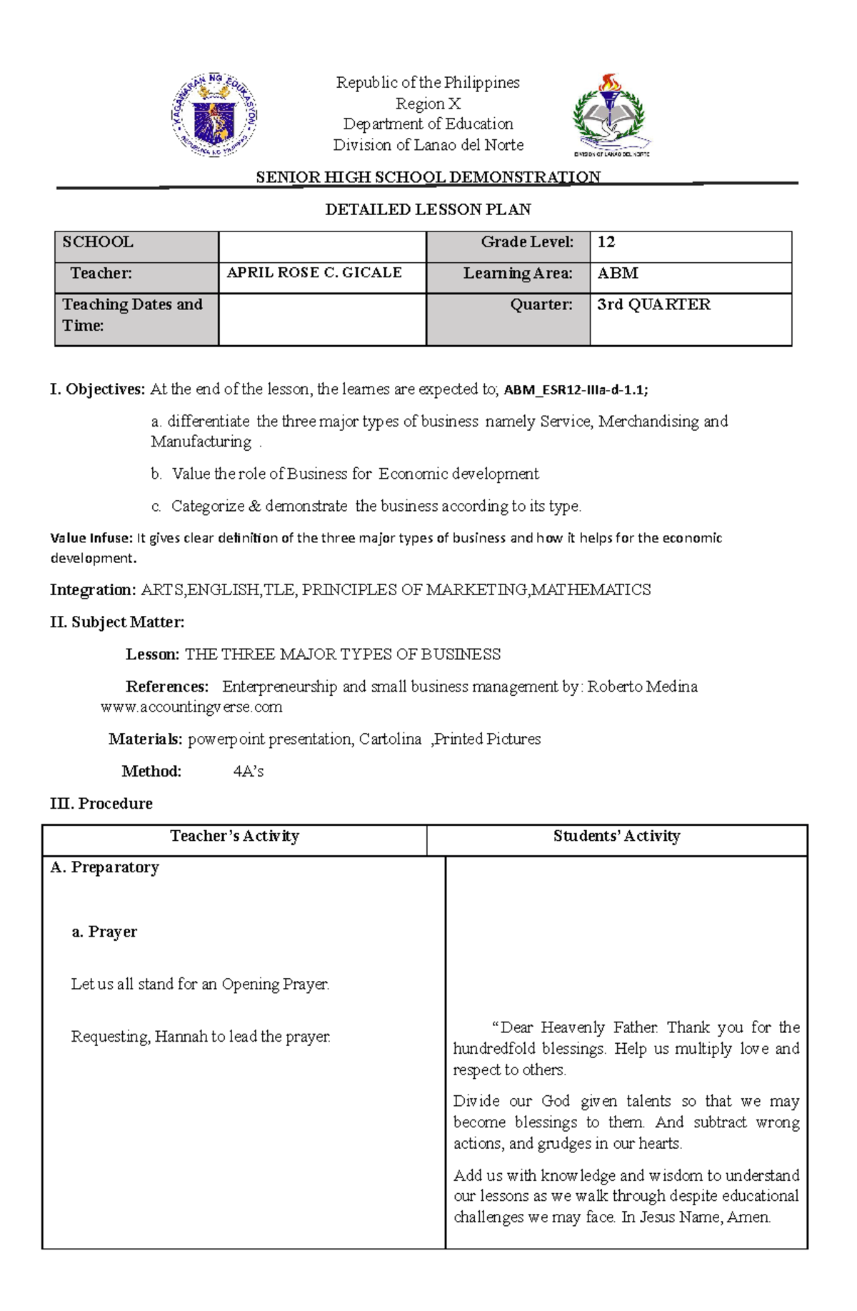 Senior HIGH Lesson PLAN - Republic of the Philippines Region X ...