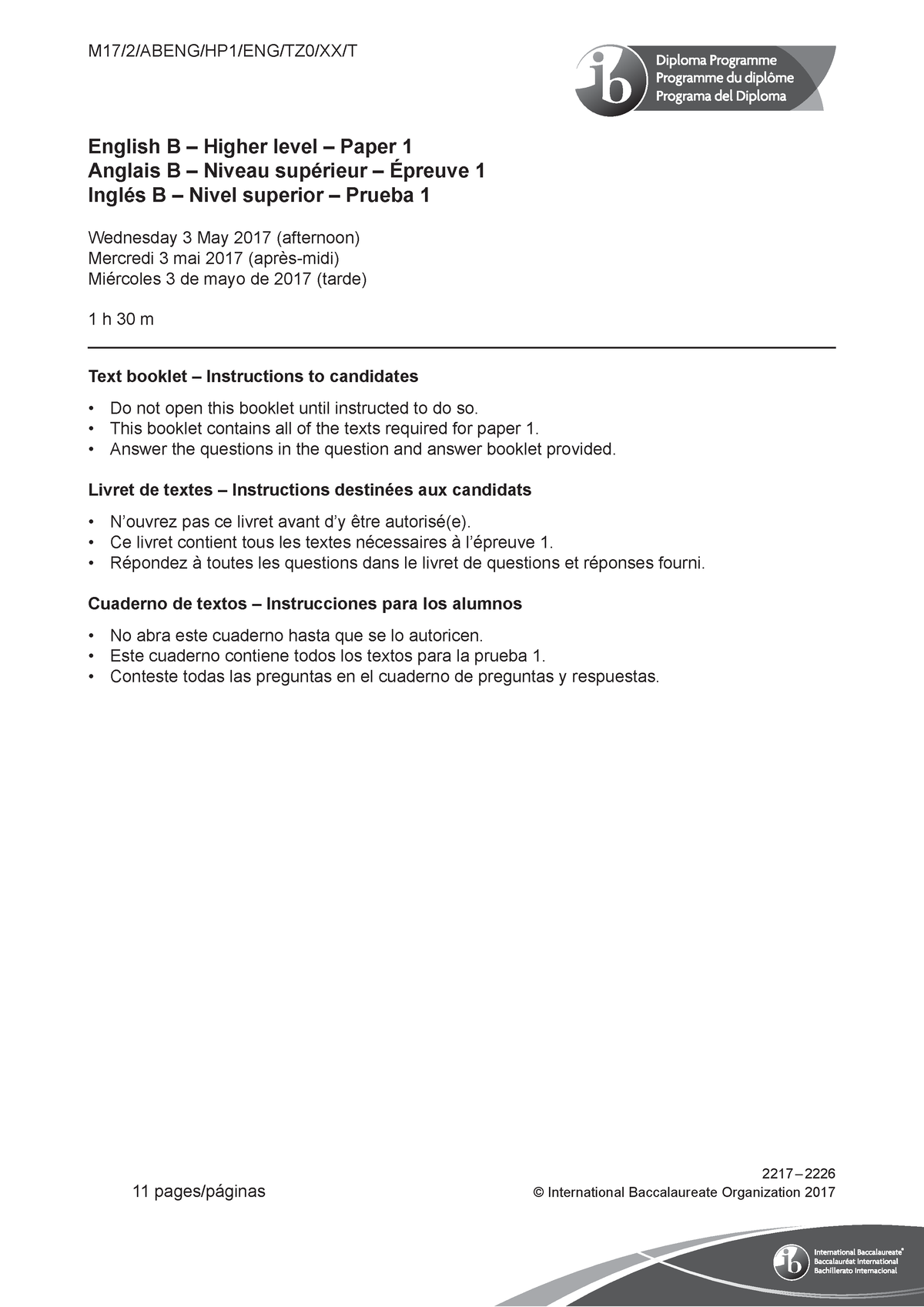 English B Paper 1 Text Booklet HL - Text Booklet – Instructions To ...