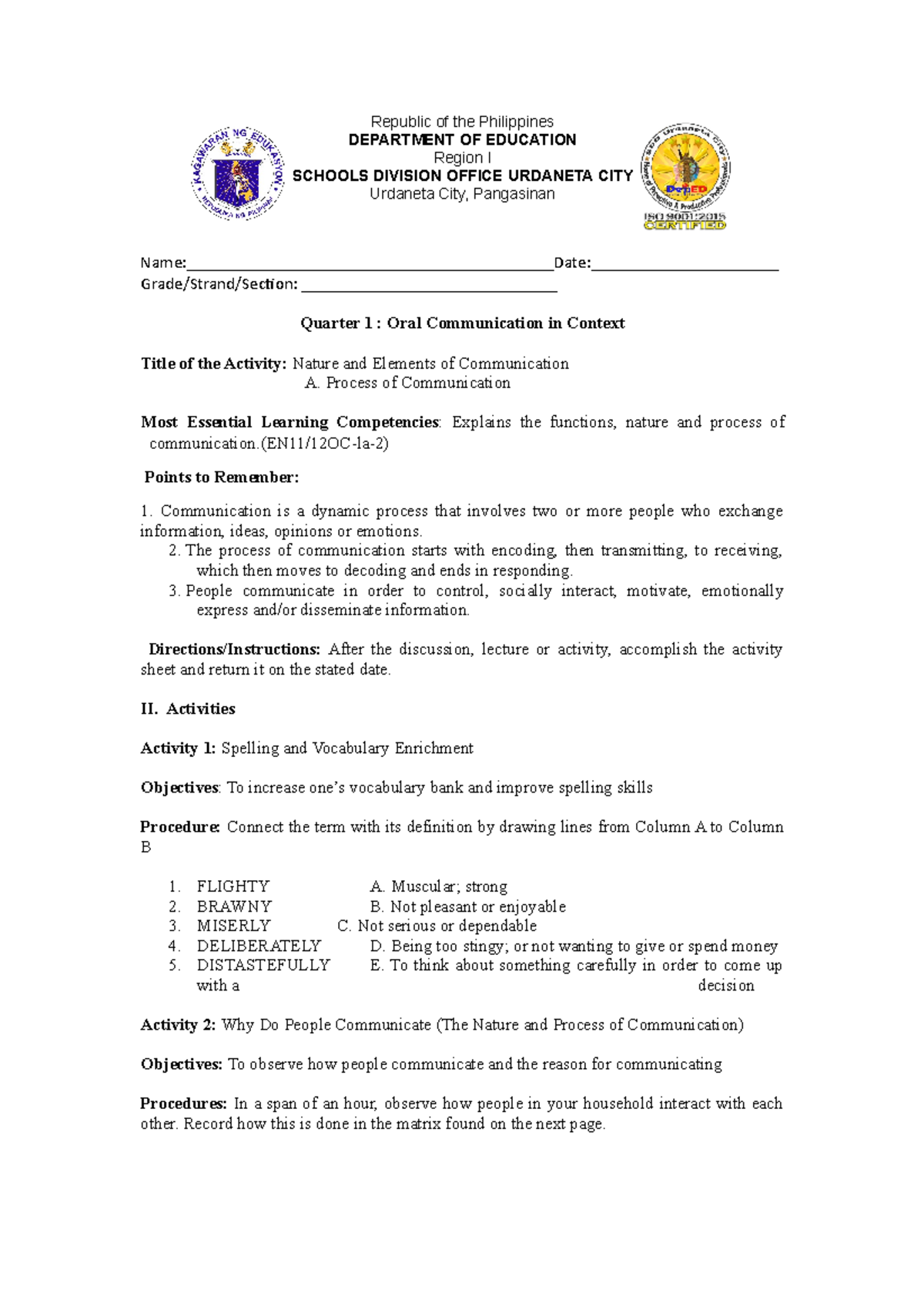 Oral Communication in Context Quarter 1 - Republic of the Philippines ...