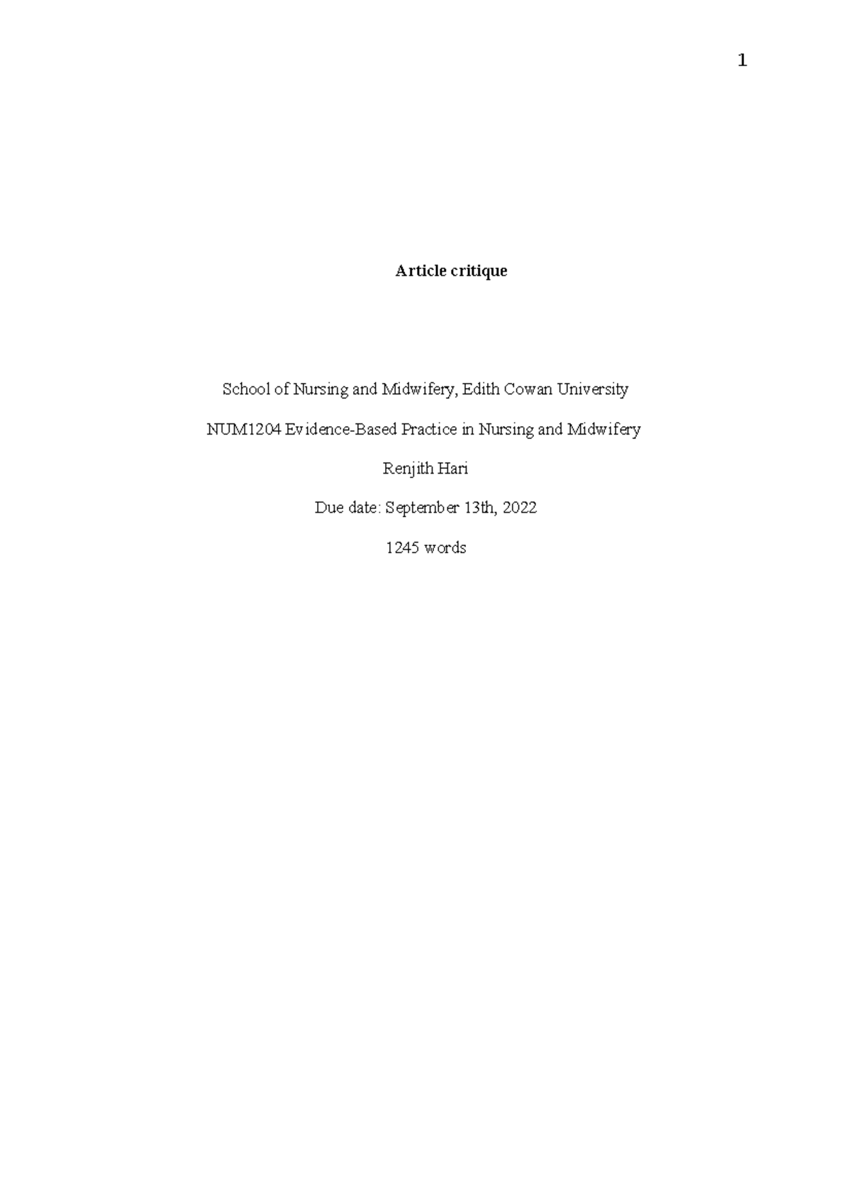 EBP A2 critique Article Article critique School of Nursing and