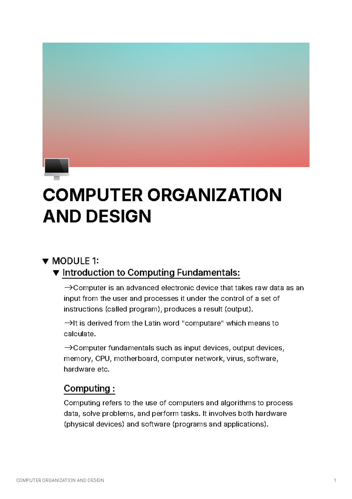 Uni-1 & 2 uncomplete - Summary of unit 1 and unit 2 - 🖥 COMPUTER ...