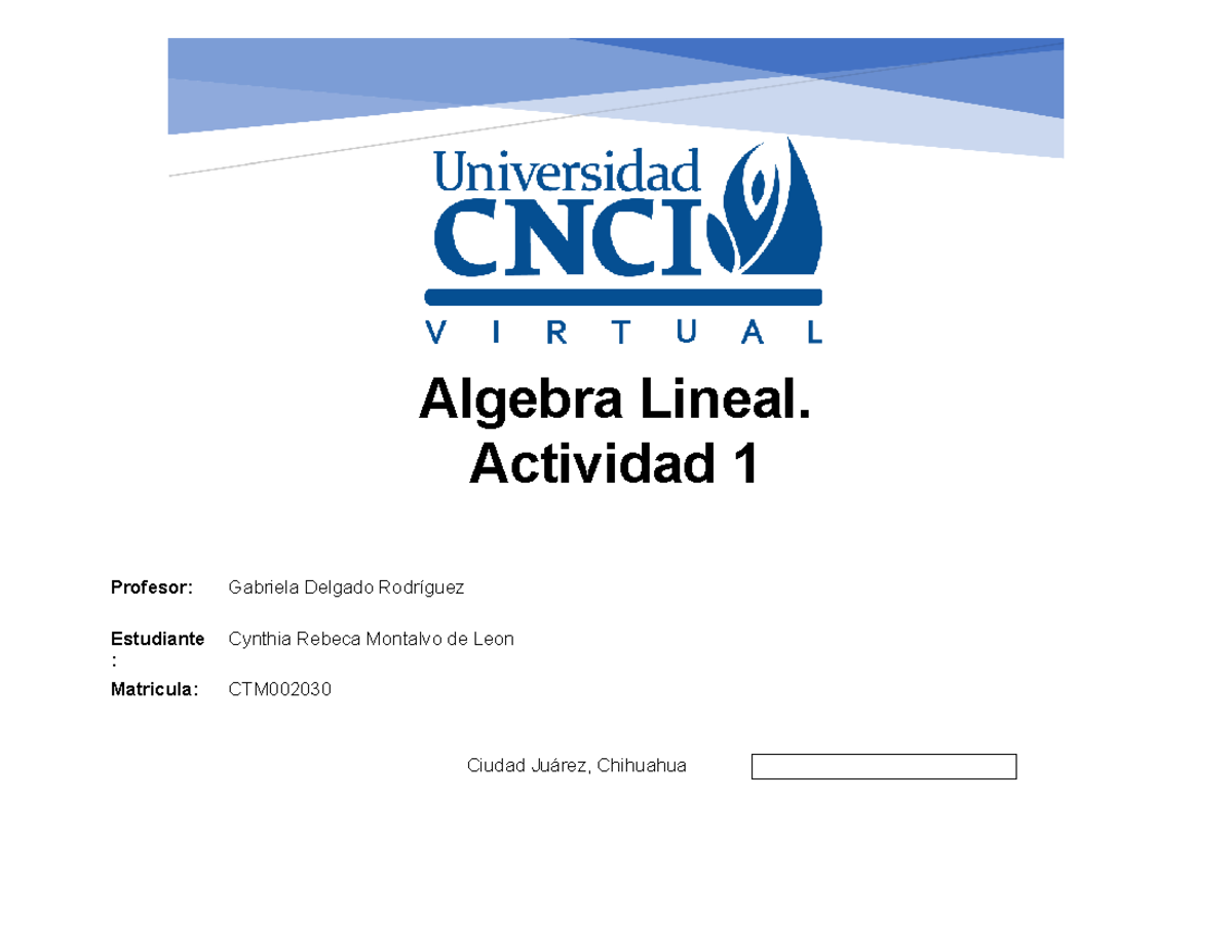 Actividad 1 - Algebra Lineal. Actividad 1 Profesor: Gabriela Delgado ...