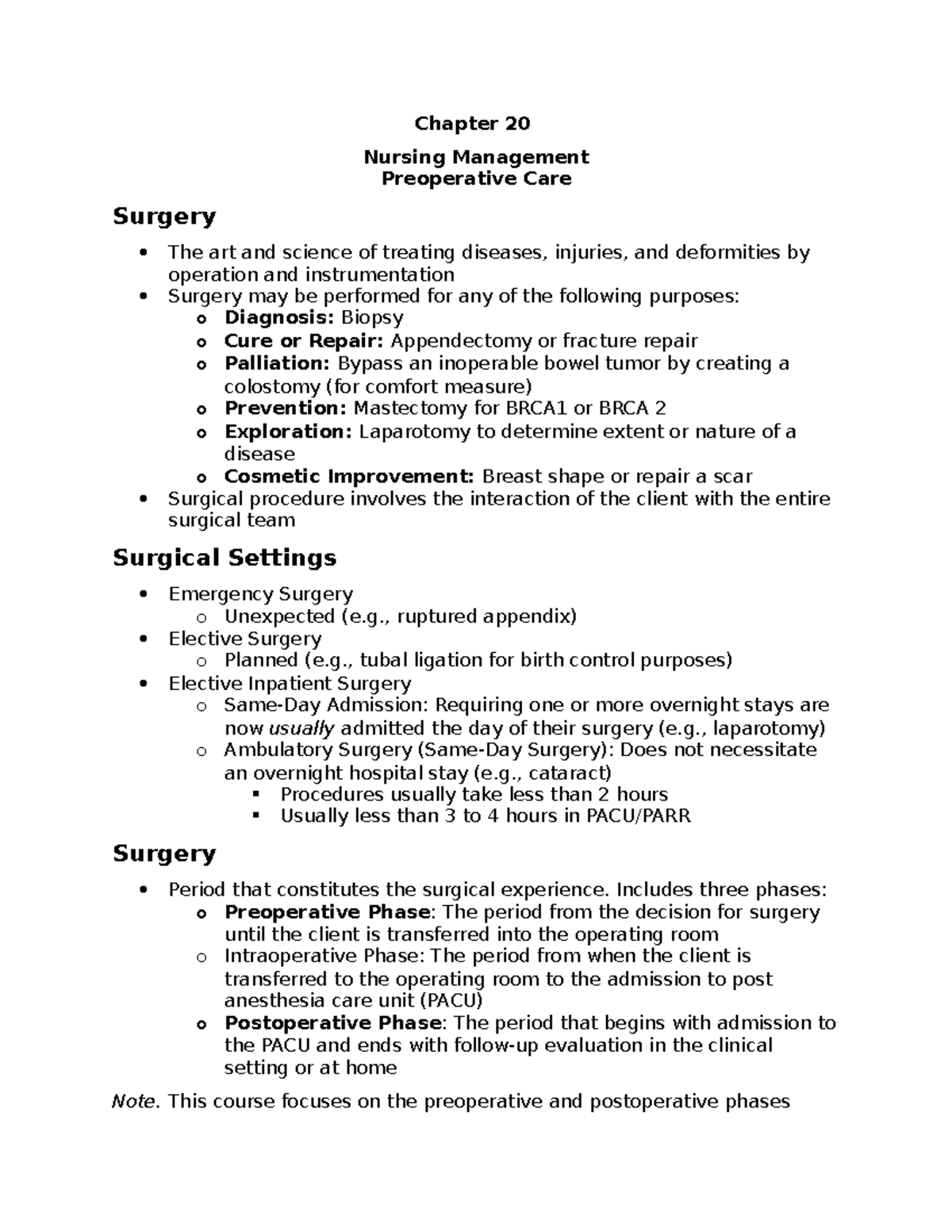 Week 1 - Preoperative Care - Chapter 20 Nursing Management Preoperative ...