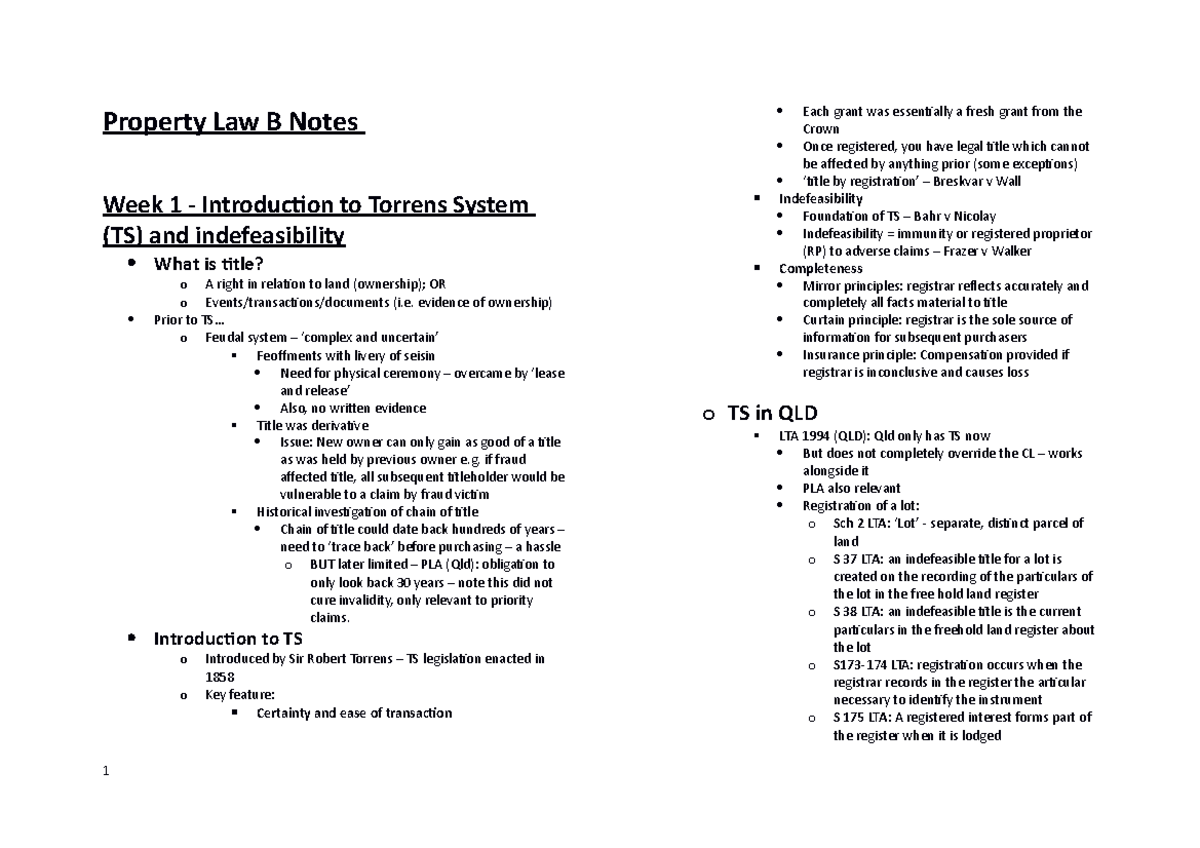 Property Law B Notes - Property Law B Notes Week 1 - Introduction To ...