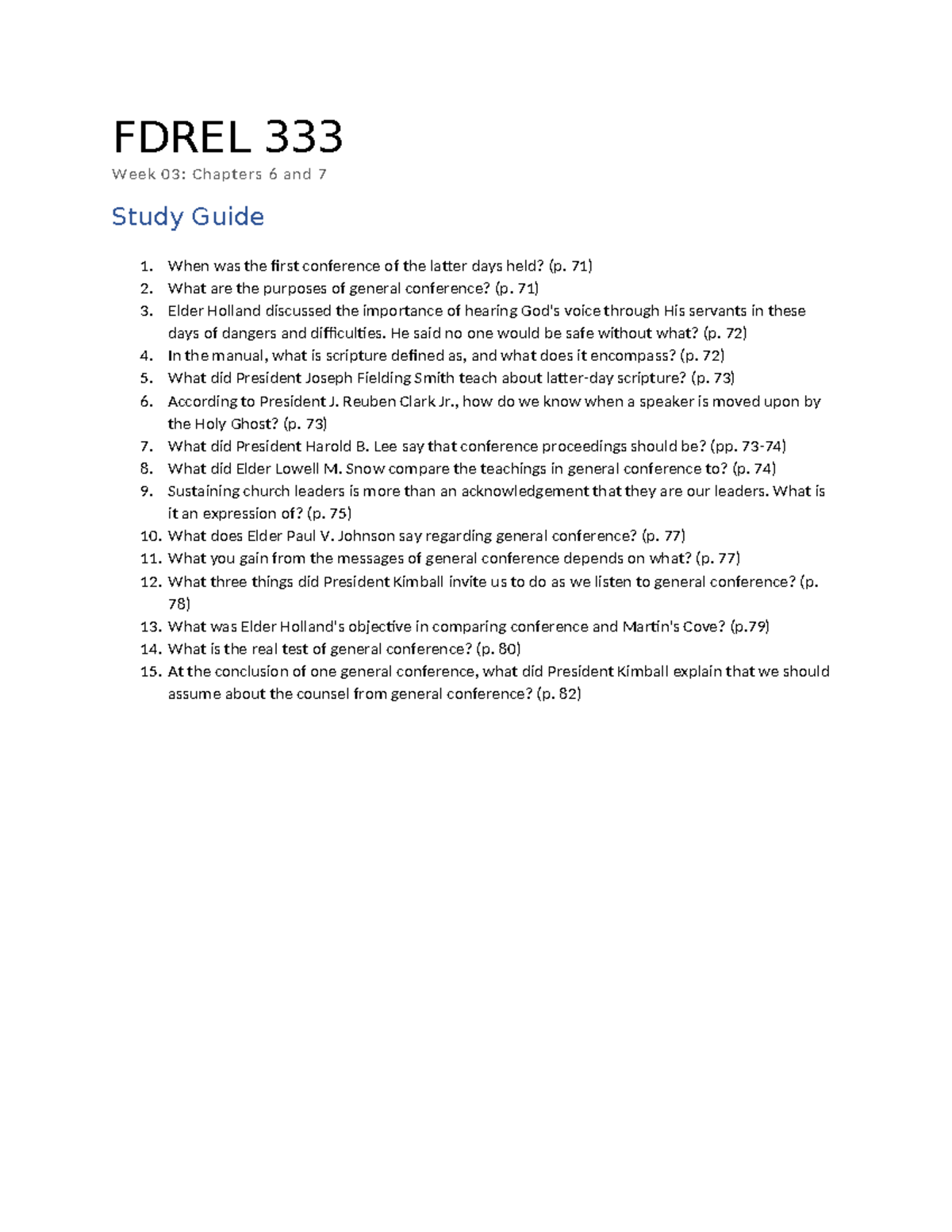 Rel333 document w03studyguide - FDREL 333 Week 03: Chapters 6 and 7 ...
