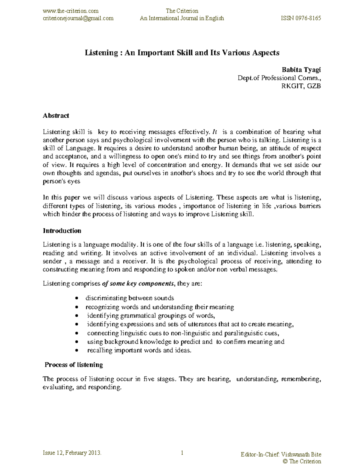 Listening skills pdf - Listening : An Important Skill and Its Various ...