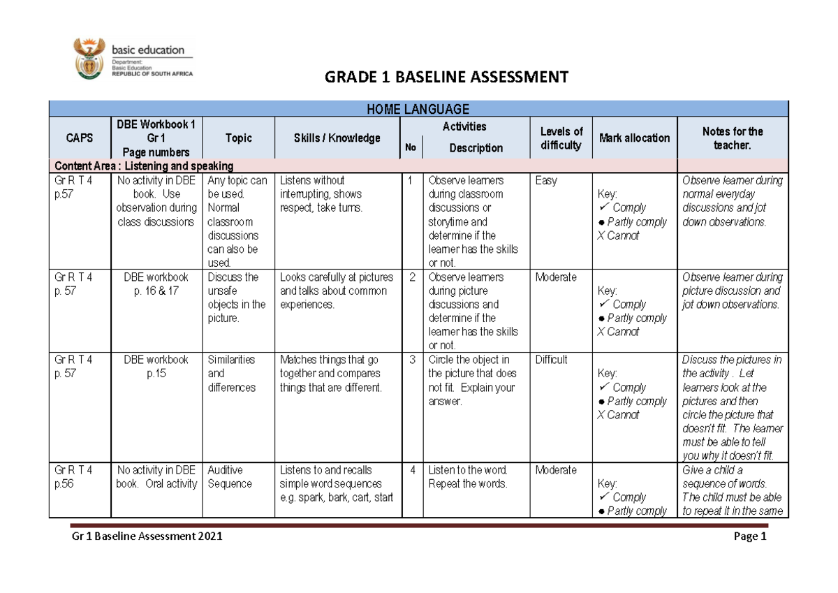 Grade 1 Baseline English HL GRADE 1 BASELINE ASSESSMENT HOME LANGUAGE