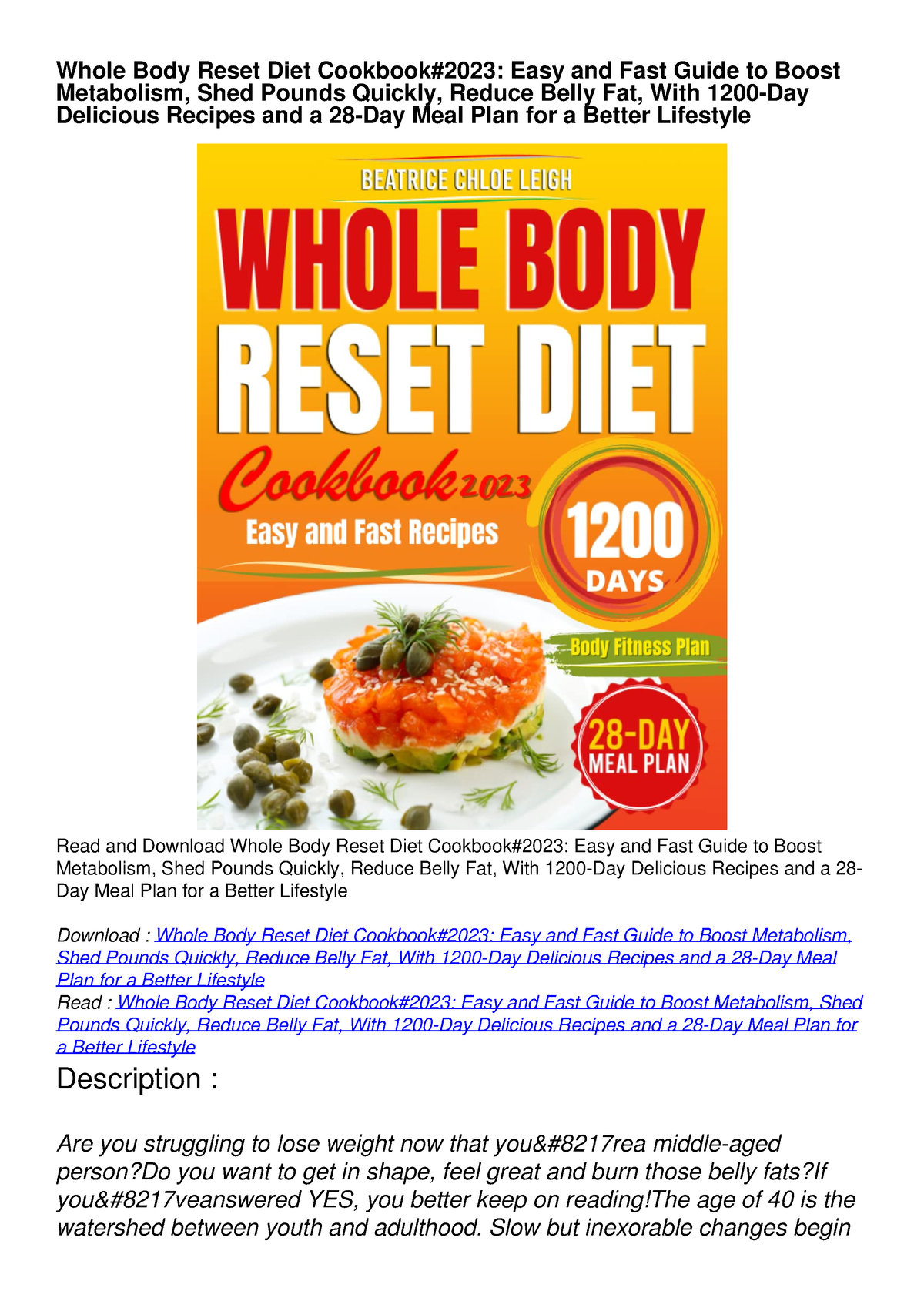 Read Pdf Whole Body Reset Diet Cookbook2023 Easy And Fast Guide To Boost Metabolism Shed