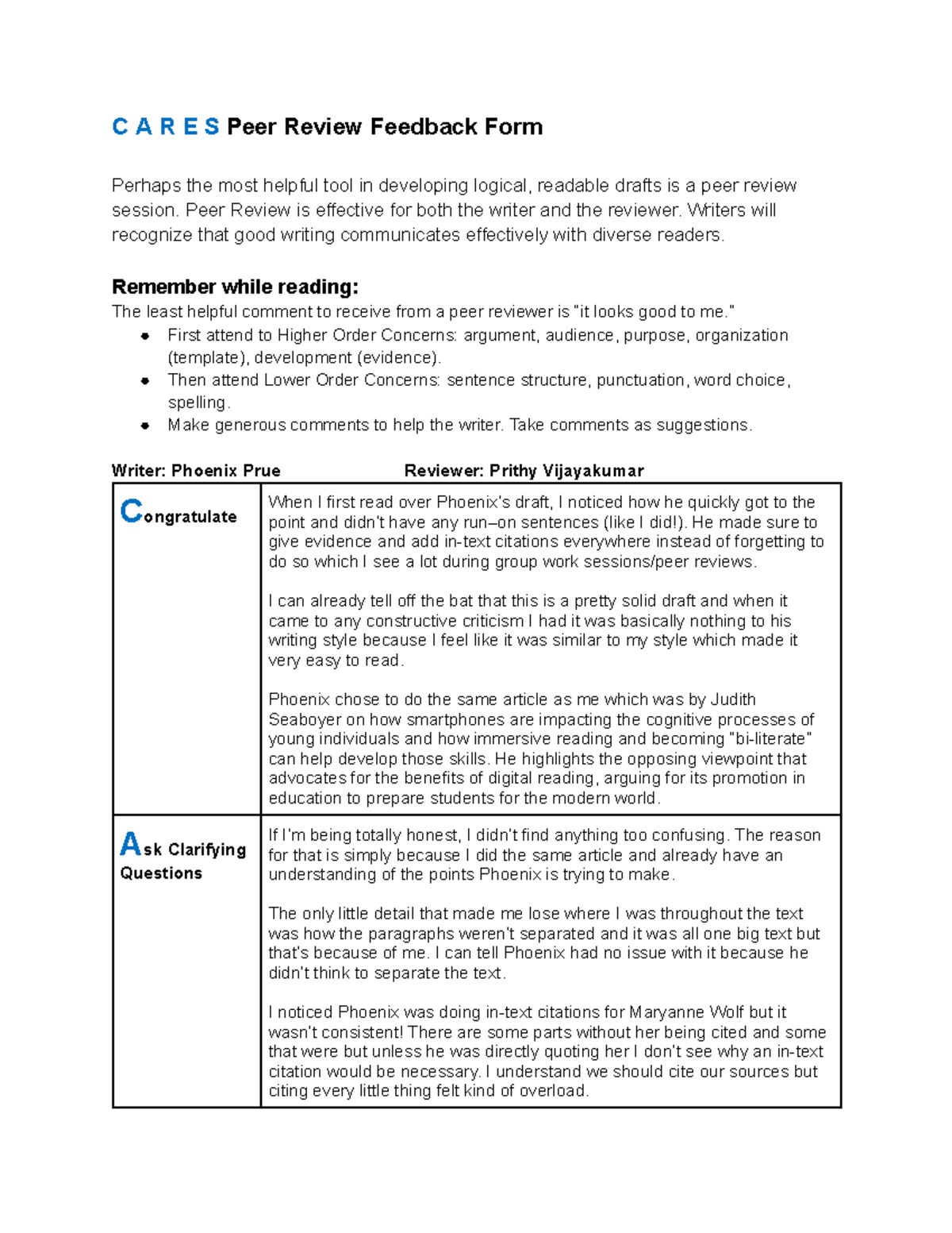 C A R E S Peer Review Feedback Form - C A R E S Peer Review Feedback ...