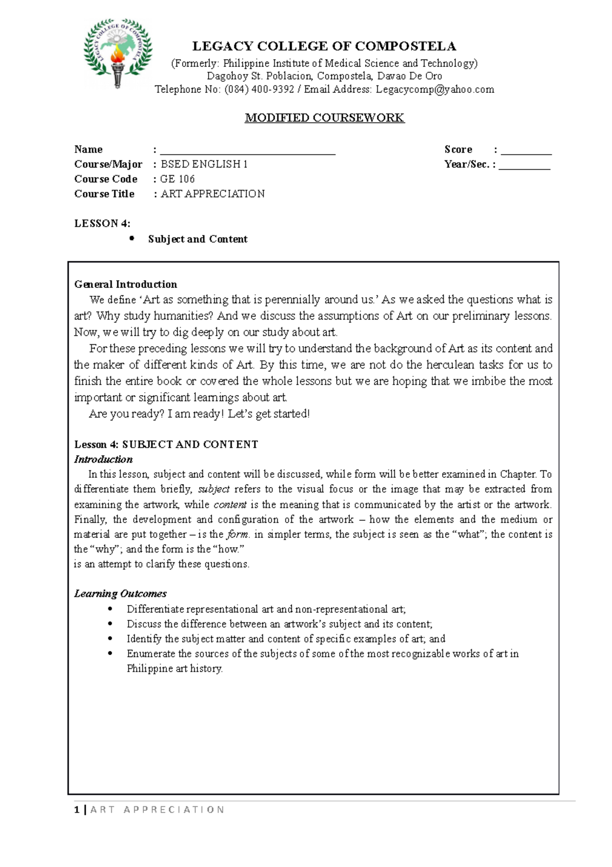 GE 106 Module 2 Lesson 1 - N/A - LEGACY COLLEGE OF COMPOSTELA (Formerly ...