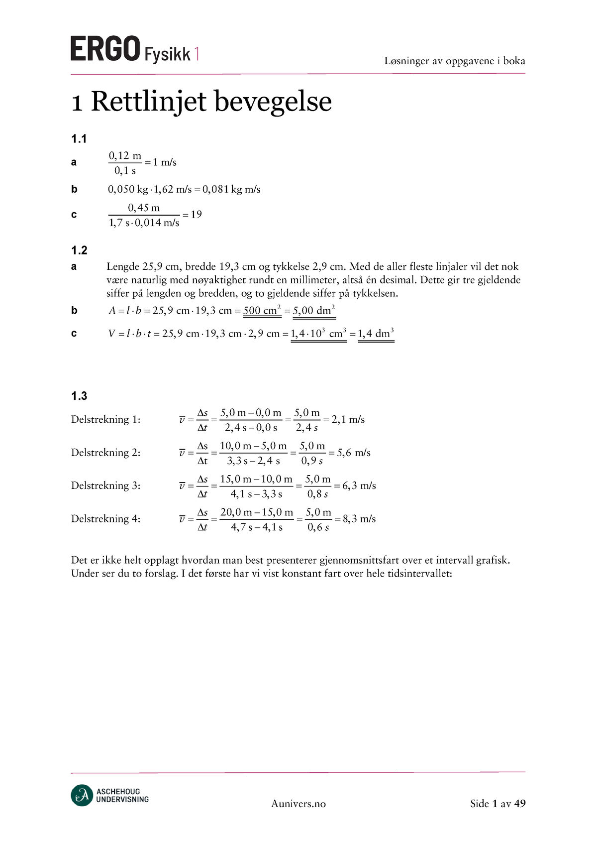 Fullstendige Løsninger ERGO 1 Kapittel 1 - 1 Rettlinjet Bevegelse 1. A ...