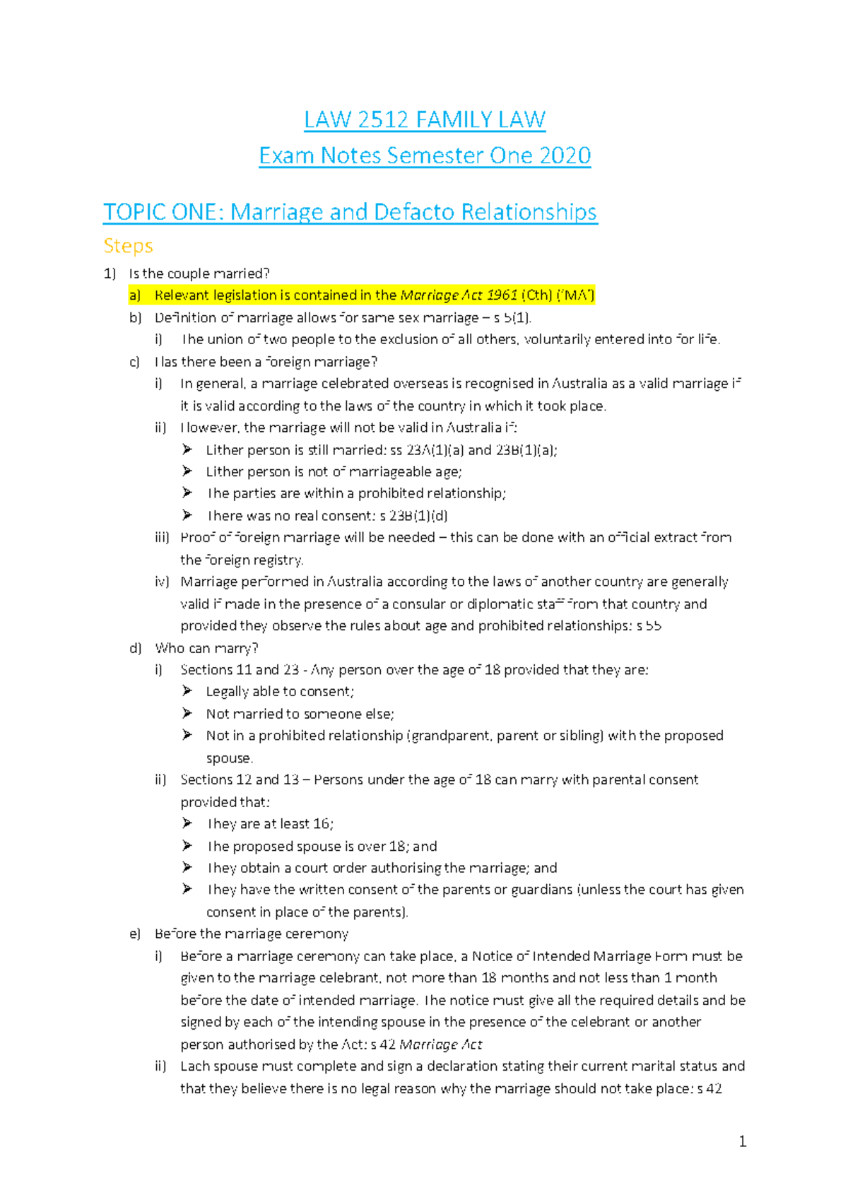 LAW 2512 Family Law Exam Notes Marriage and Defacto Relationships